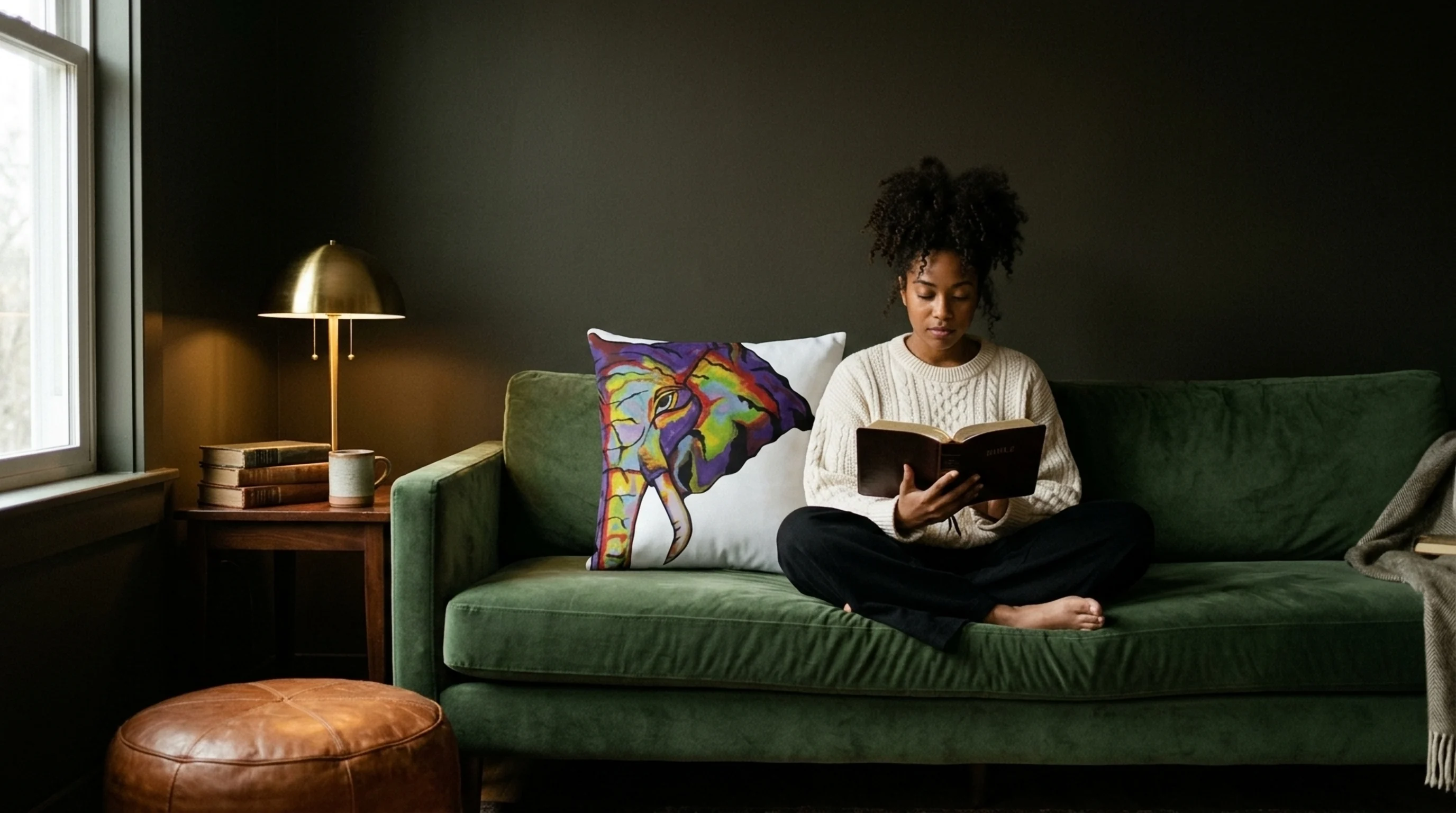 African American woman reading the Bible on a green velvet sofa next to the NRB Art Elephant Throw Pillow with colorful elephant artwork