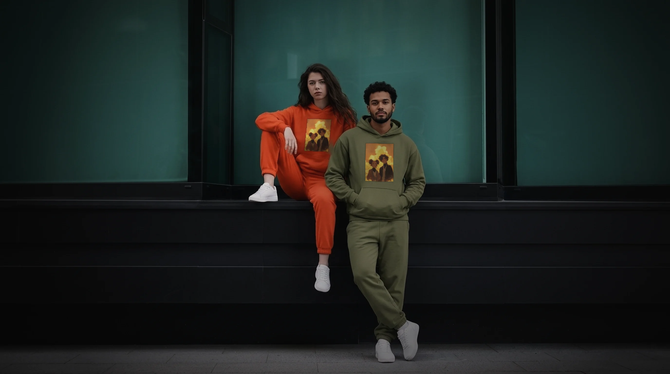 wo models in matching NRB Art Joy Hoodie sets, a man in military green and a woman in orange, both with the Joy anime artwork print, by a teal glass storefront