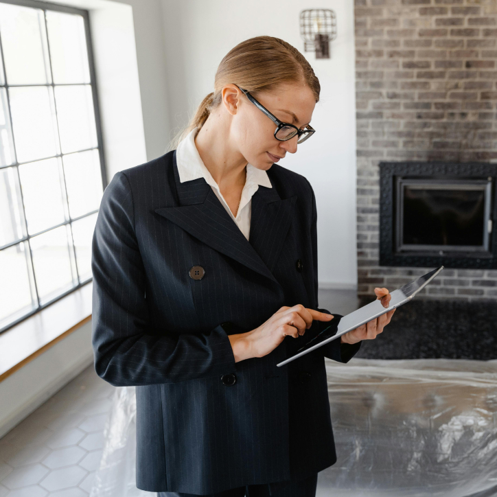 A professionally dressed real estate agent, she is in a home ready to move in and holding a tablet