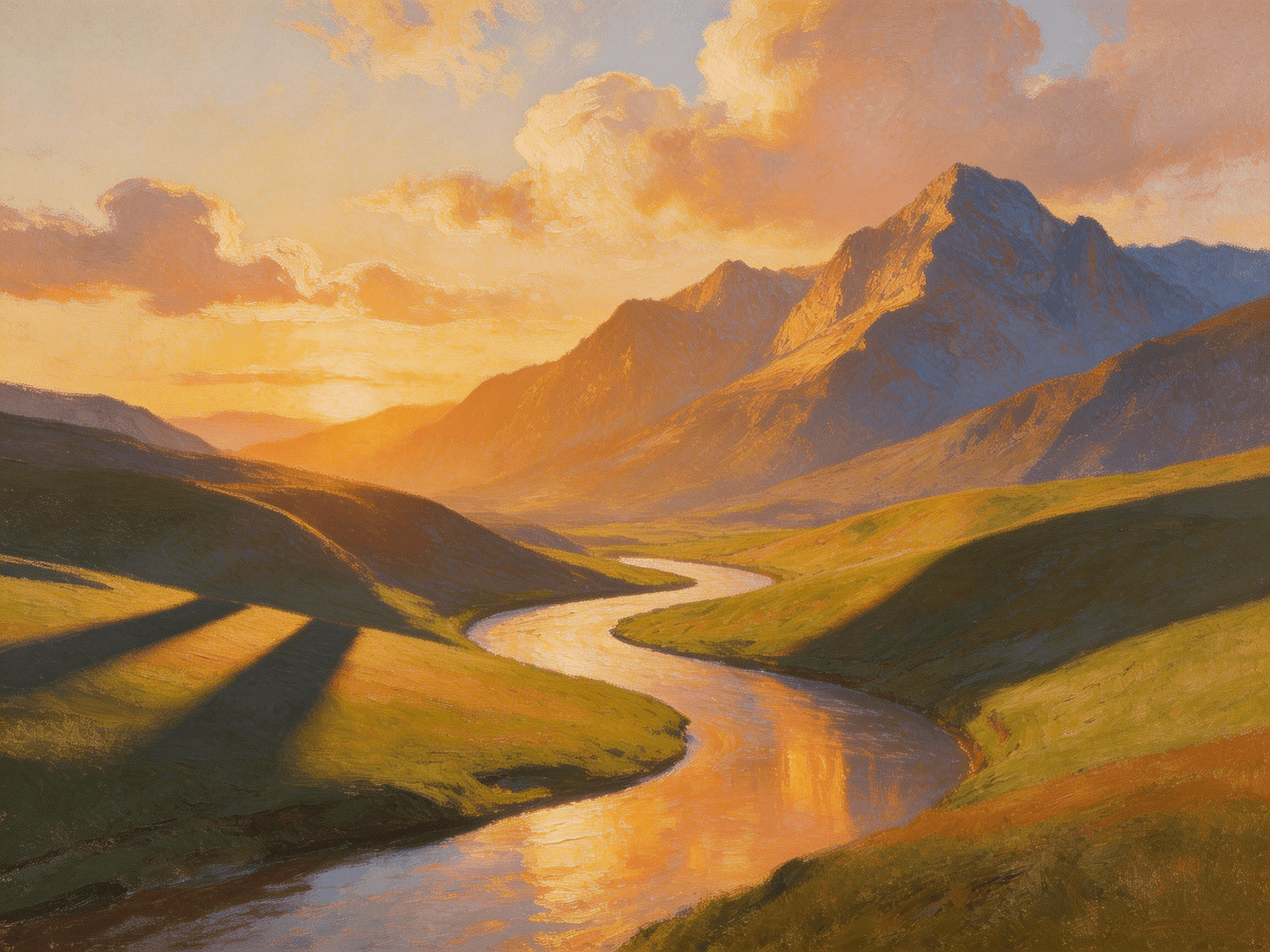 Sunset over a winding river flowing through green hills with mountains in the background and dramatic clouds.