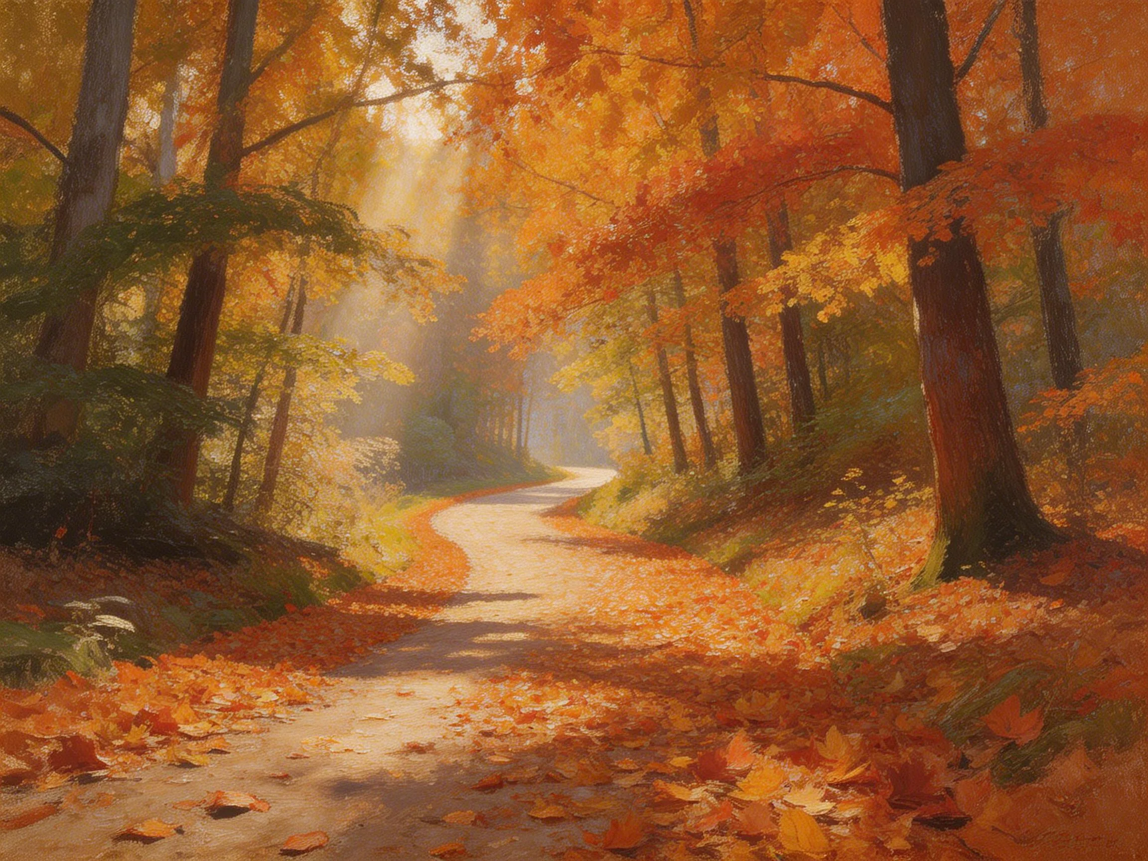 Sunlit winding forest path covered with orange and yellow autumn leaves surrounded by tall trees.