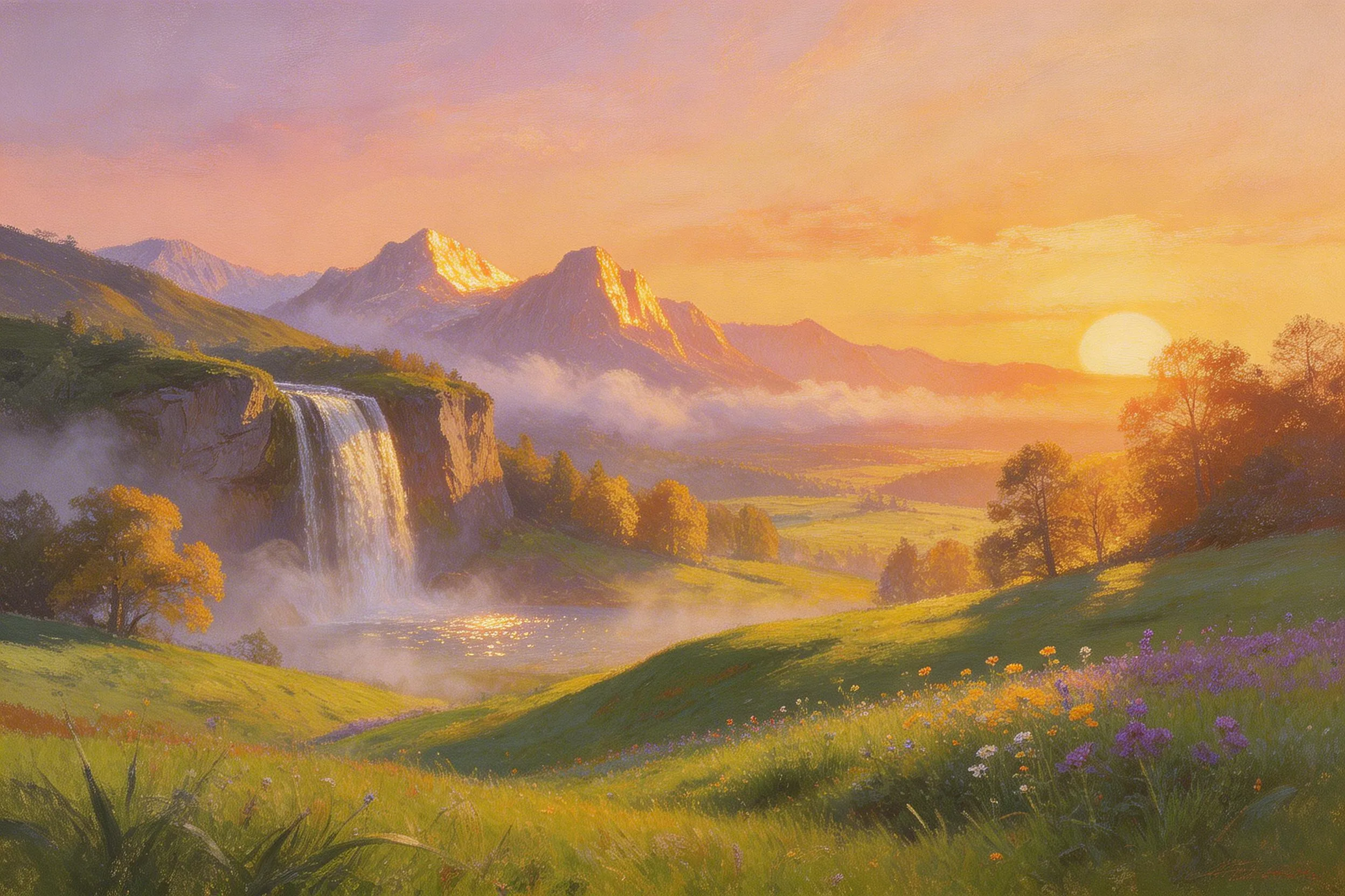 Sunset over a lush valley with wildflowers, a waterfall, mist, and mountains in the background.