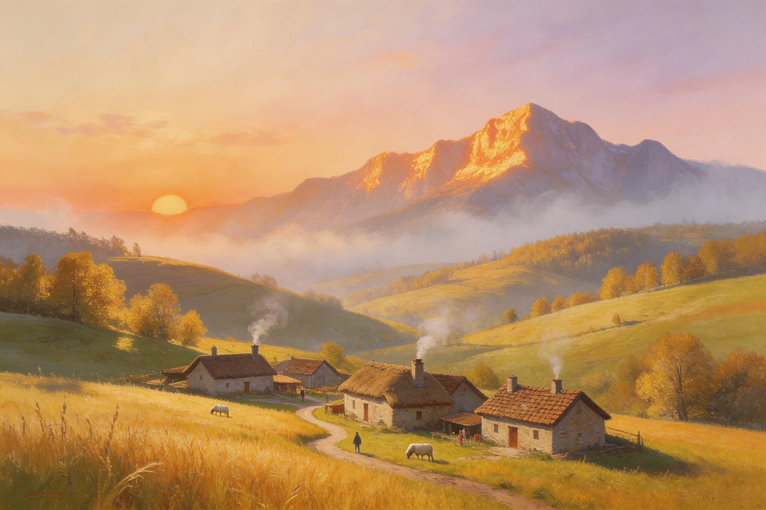 Sunset over a rural village with smoke rising from chimneys, grazing sheep, and golden fields beneath a mountain range.