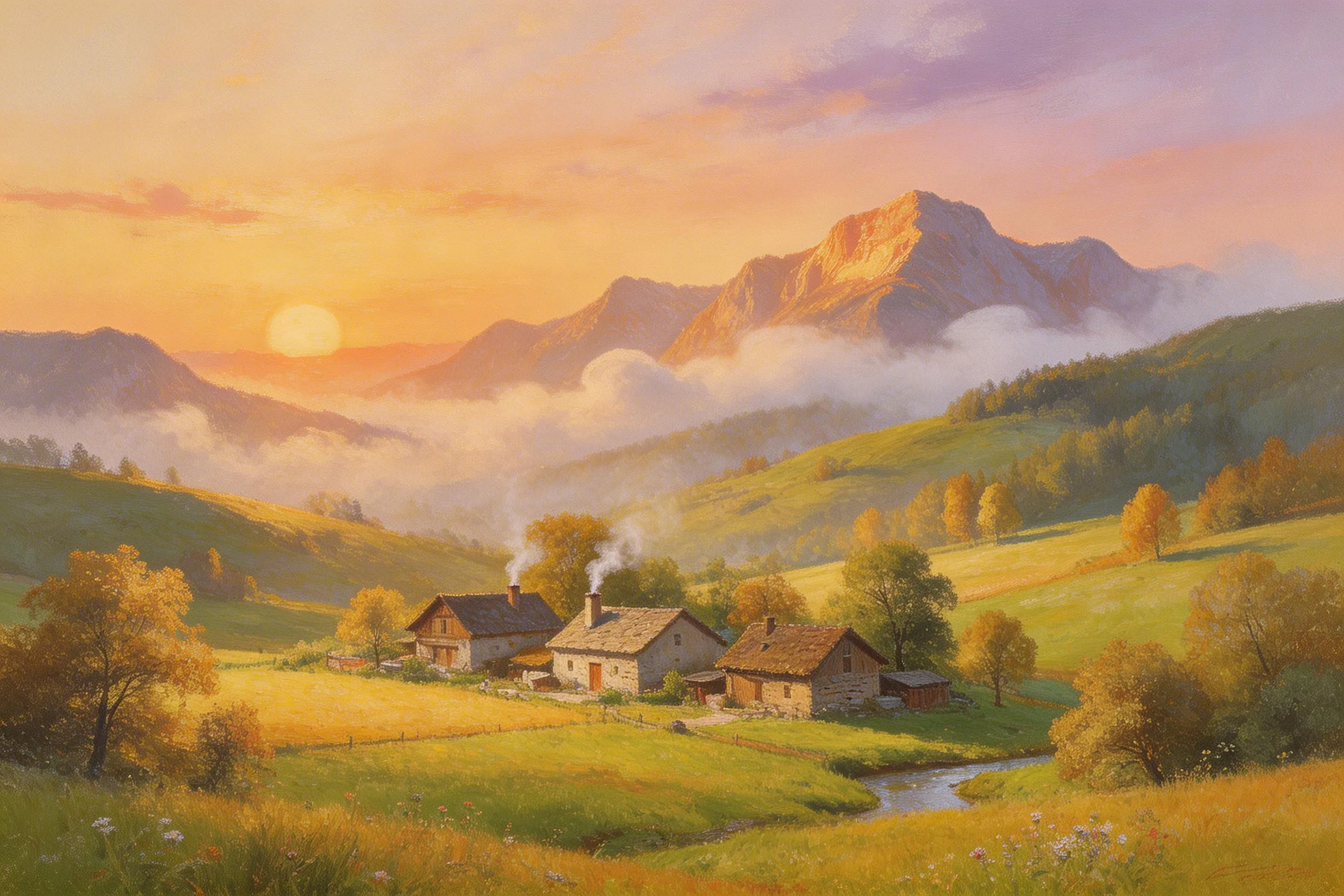 Sunset over a peaceful mountain village with cottages, smoke rising from chimneys, rolling hills, and a winding stream.