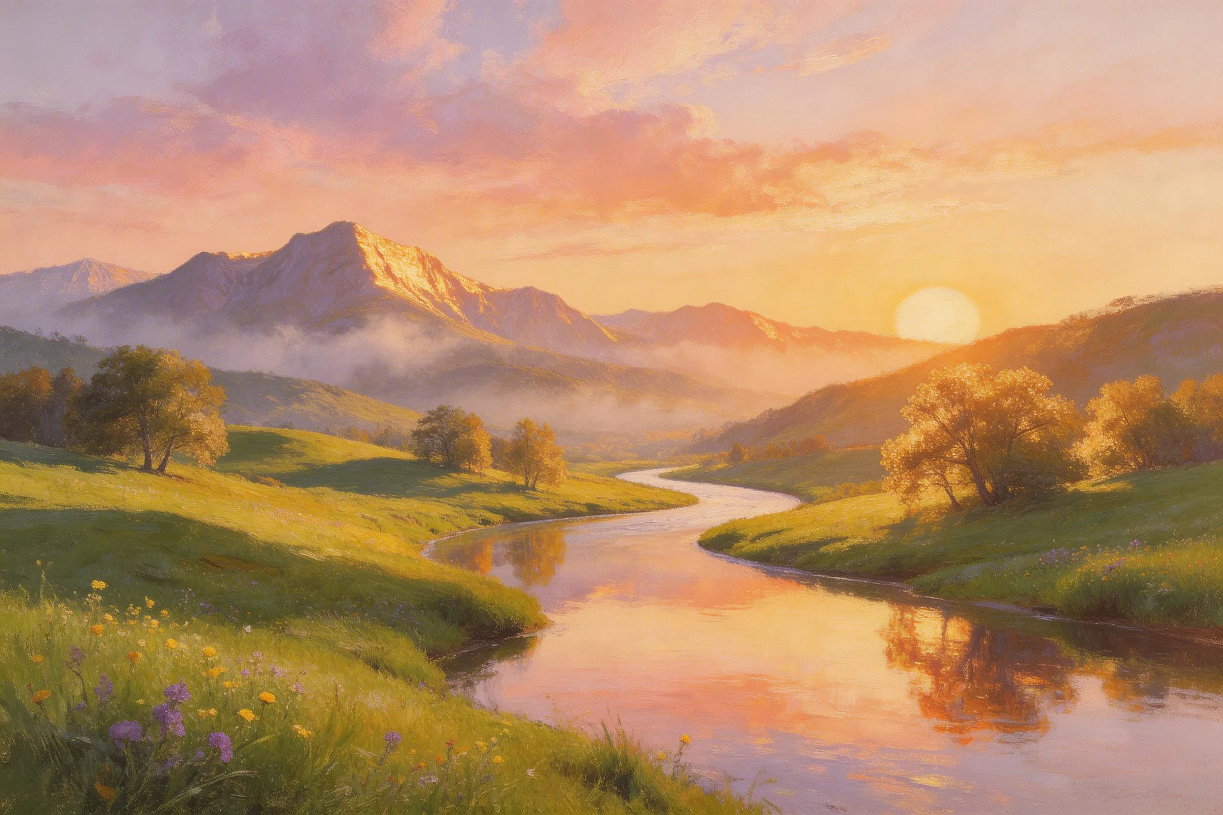 Sunset over a winding river with green hills, wildflowers, and mountains in the background with mist and golden light.