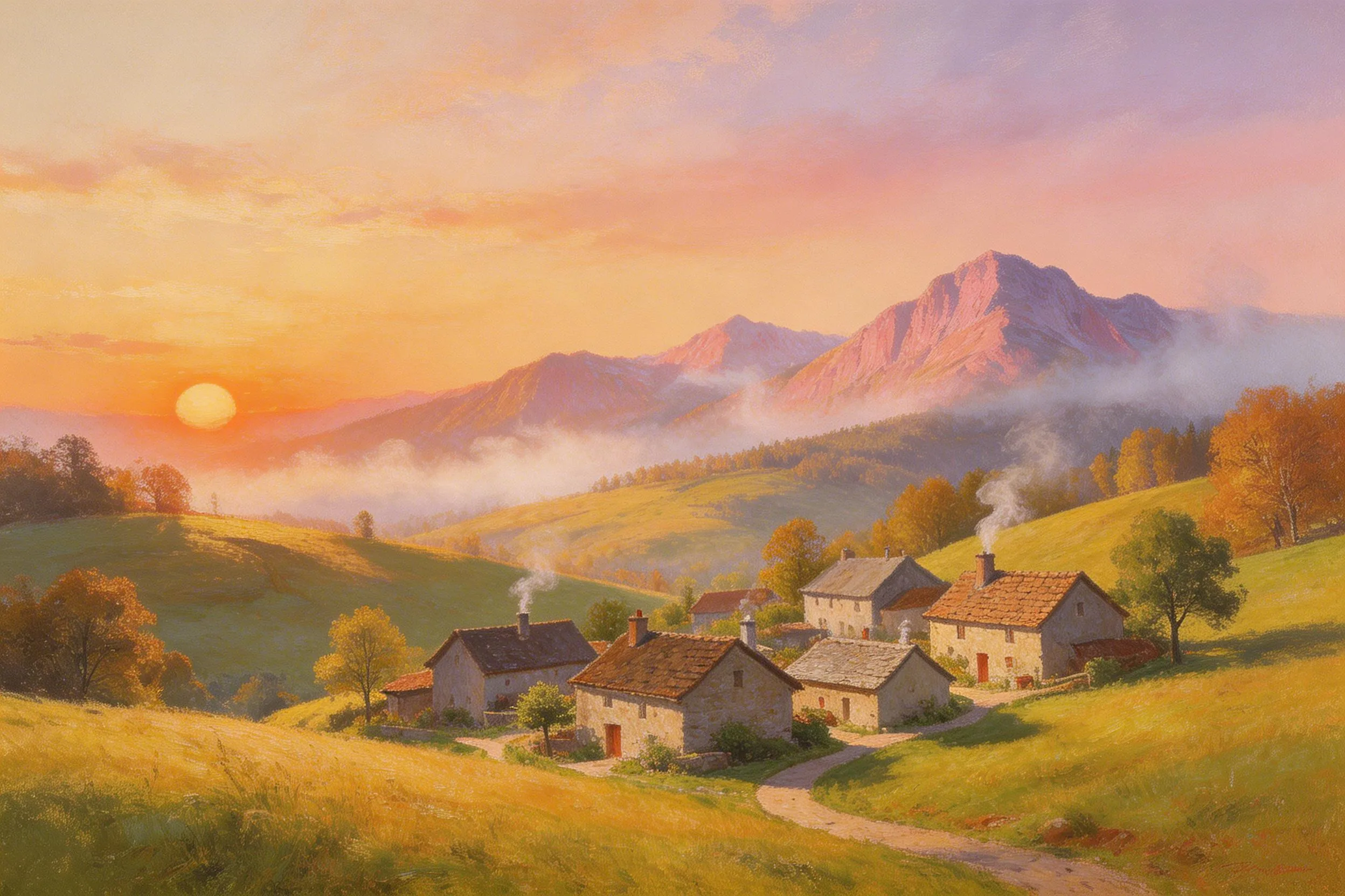 Sunset over a peaceful village with stone cottages, smoke rising from chimneys, rolling hills, and distant mountains.