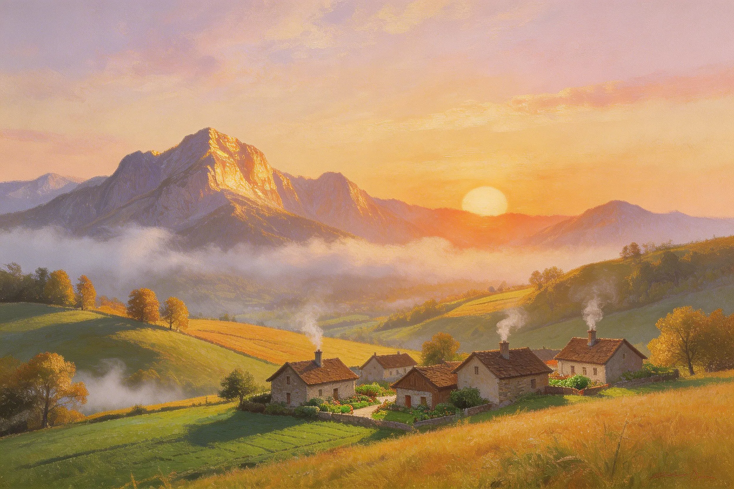 Sunset over a peaceful village with smoke rising from chimneys, surrounded by green hills and mountains in the background.