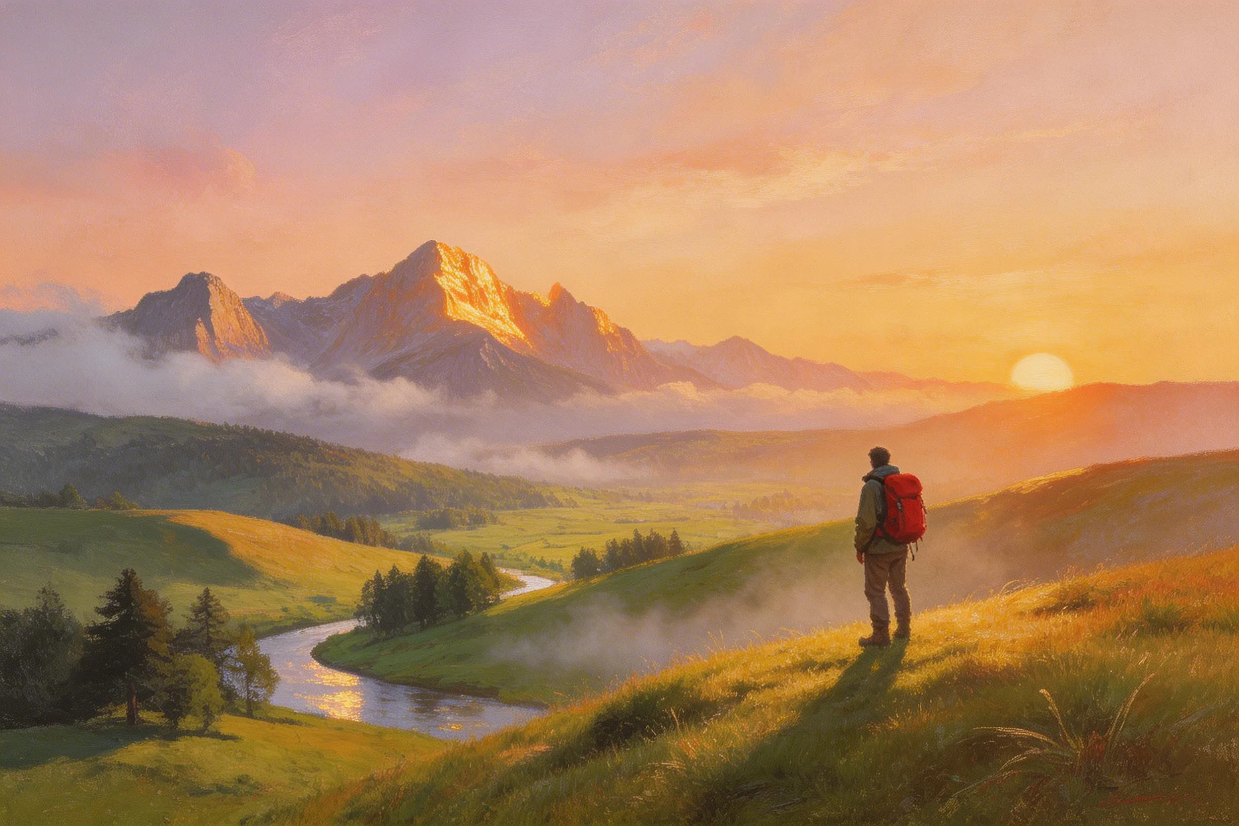 Hiker with red backpack overlooking a river valley and mountain range at sunrise with mist and warm light.