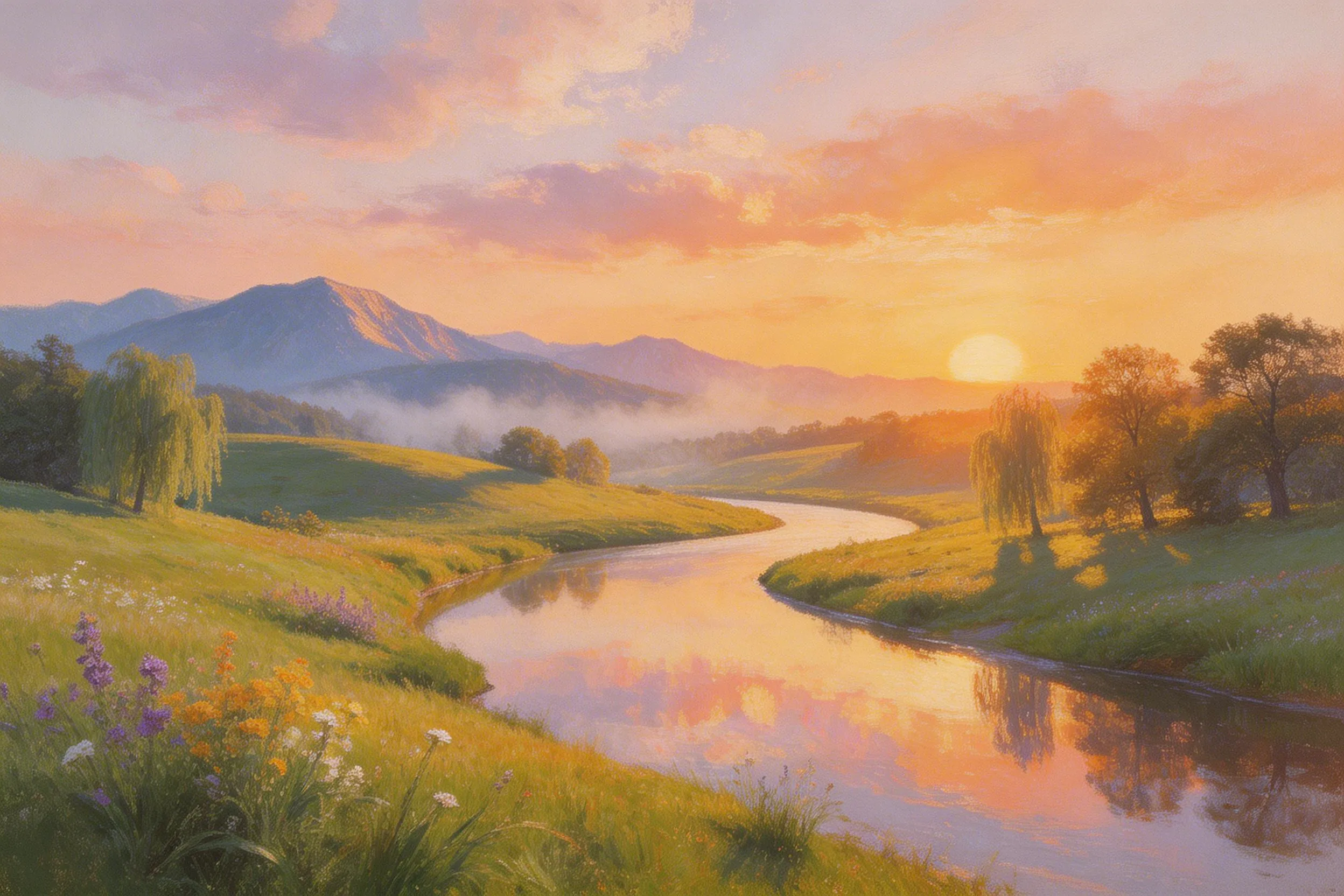 Sunset over a winding river with wildflowers, trees, and mountains in the background under a colorful sky.