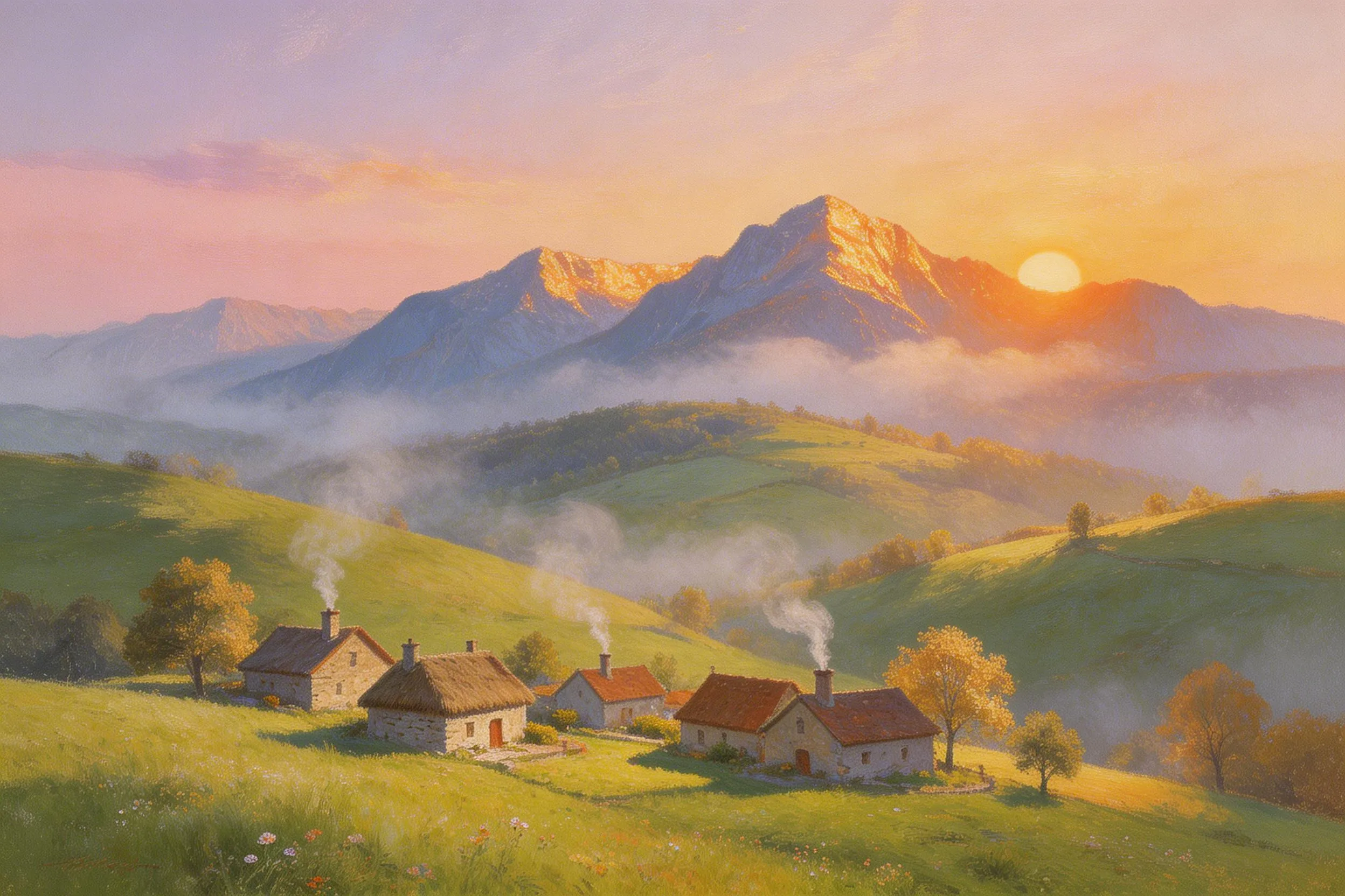 Sunset over a peaceful mountain village with smoke rising from chimneys and green rolling hills in the foreground.