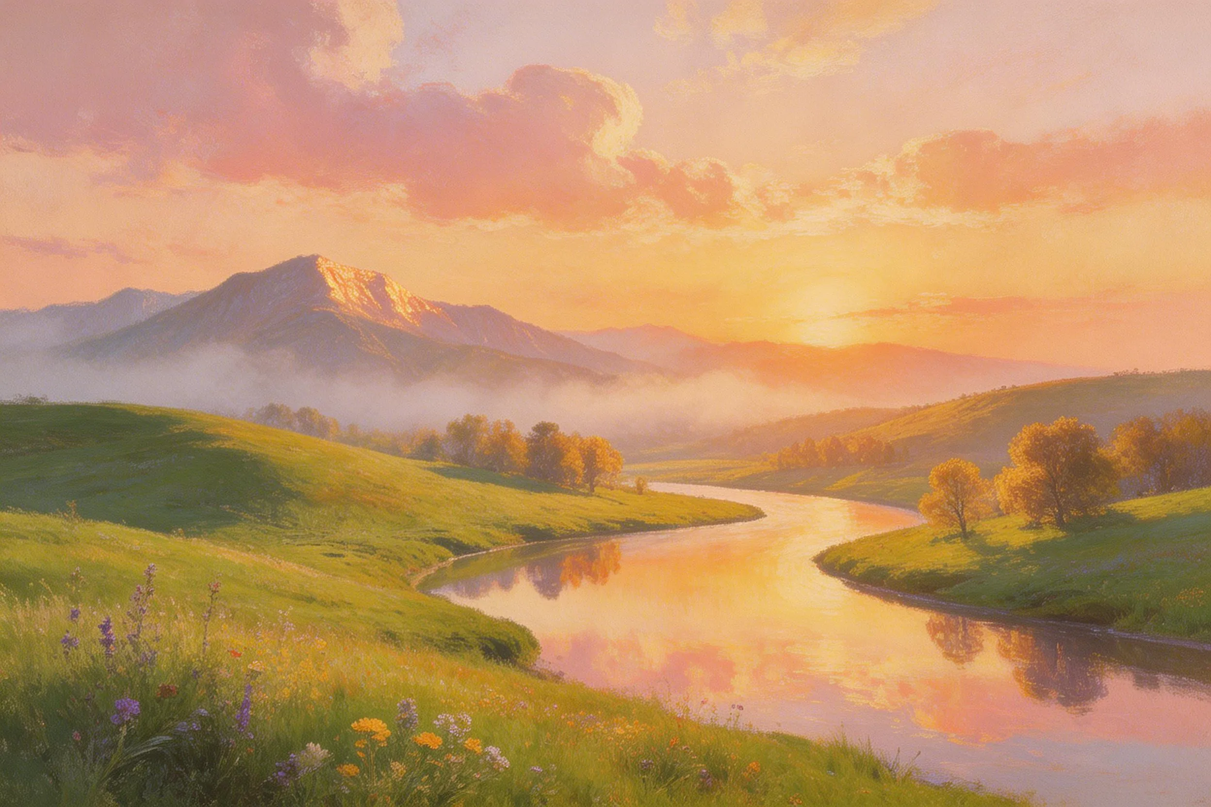 Serene river winding through green hills with wildflowers, trees, and misty mountains at sunset.