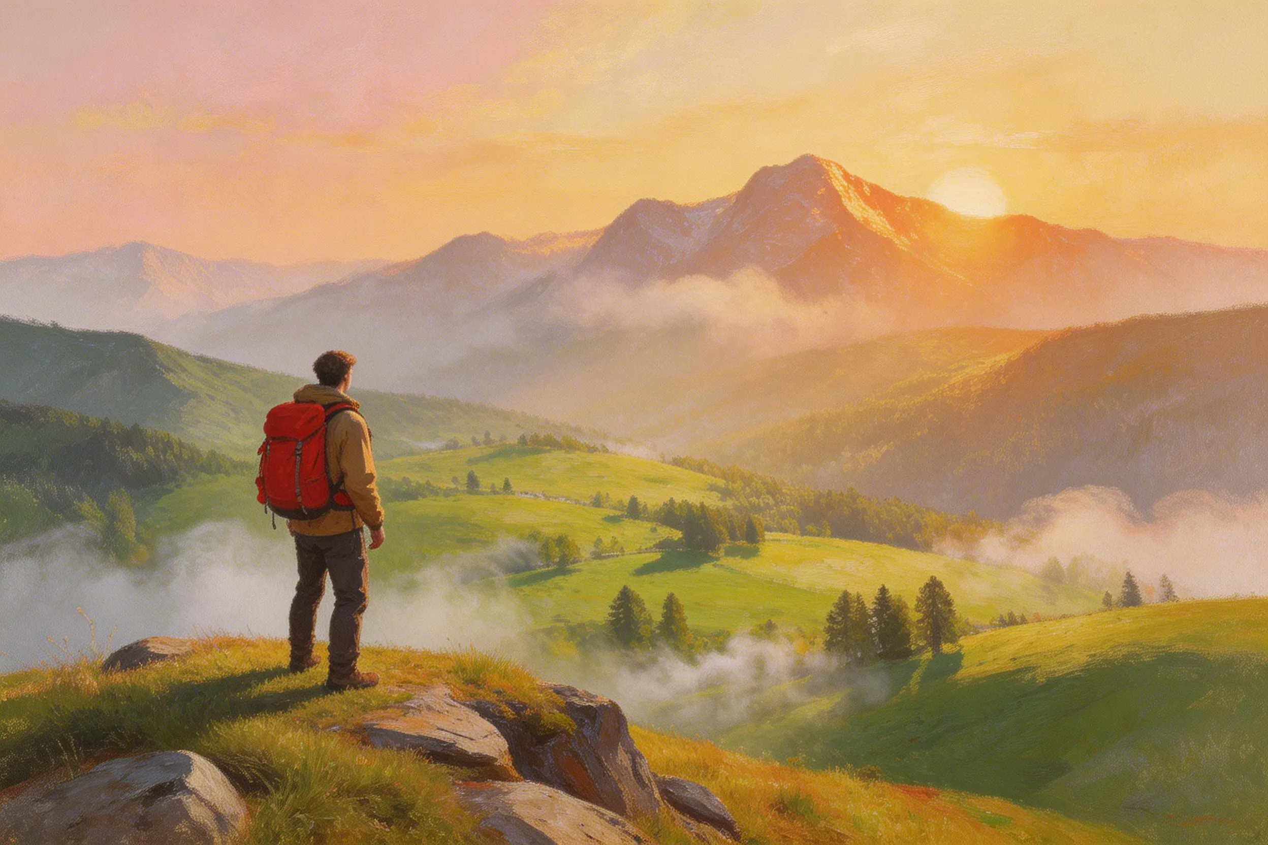 Hiker with red backpack standing on rocky hill overlooking green valleys and misty mountains at sunrise.
