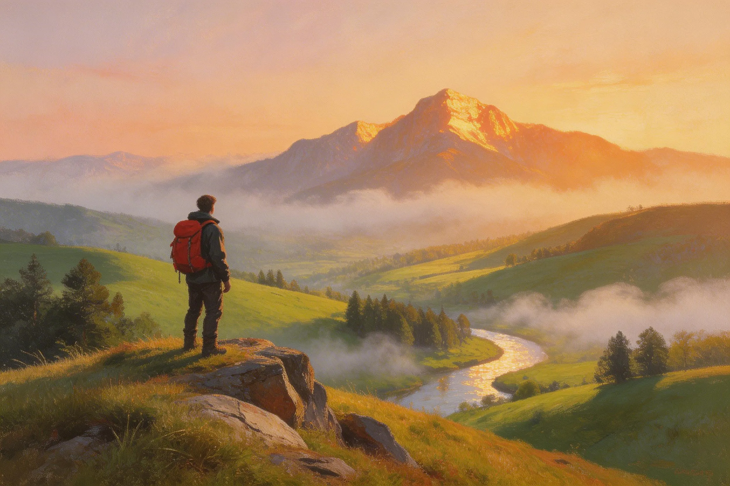Hiker with red backpack standing on a rock overlooking a misty valley with a winding river and sunlit mountain at sunrise.