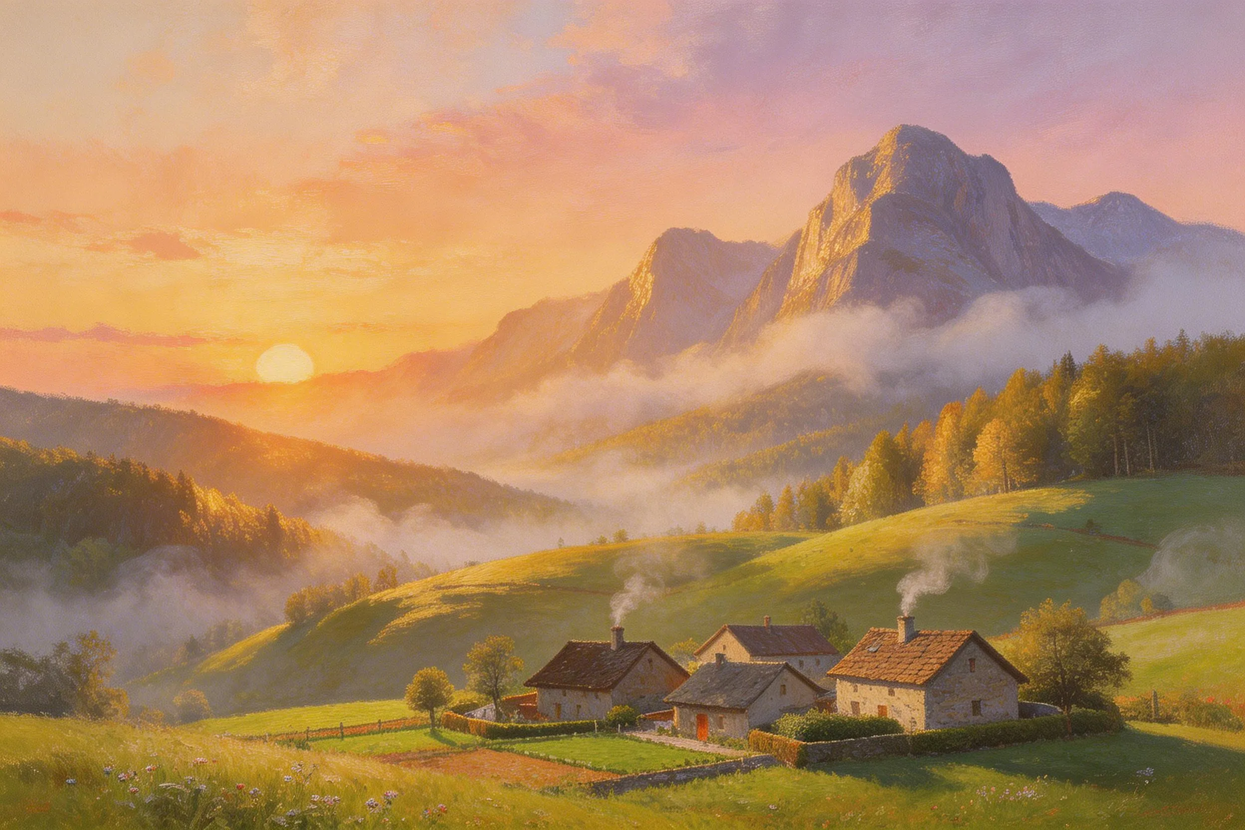 Sunrise over a peaceful mountain village with smoke rising from chimneys and mist in the valley.