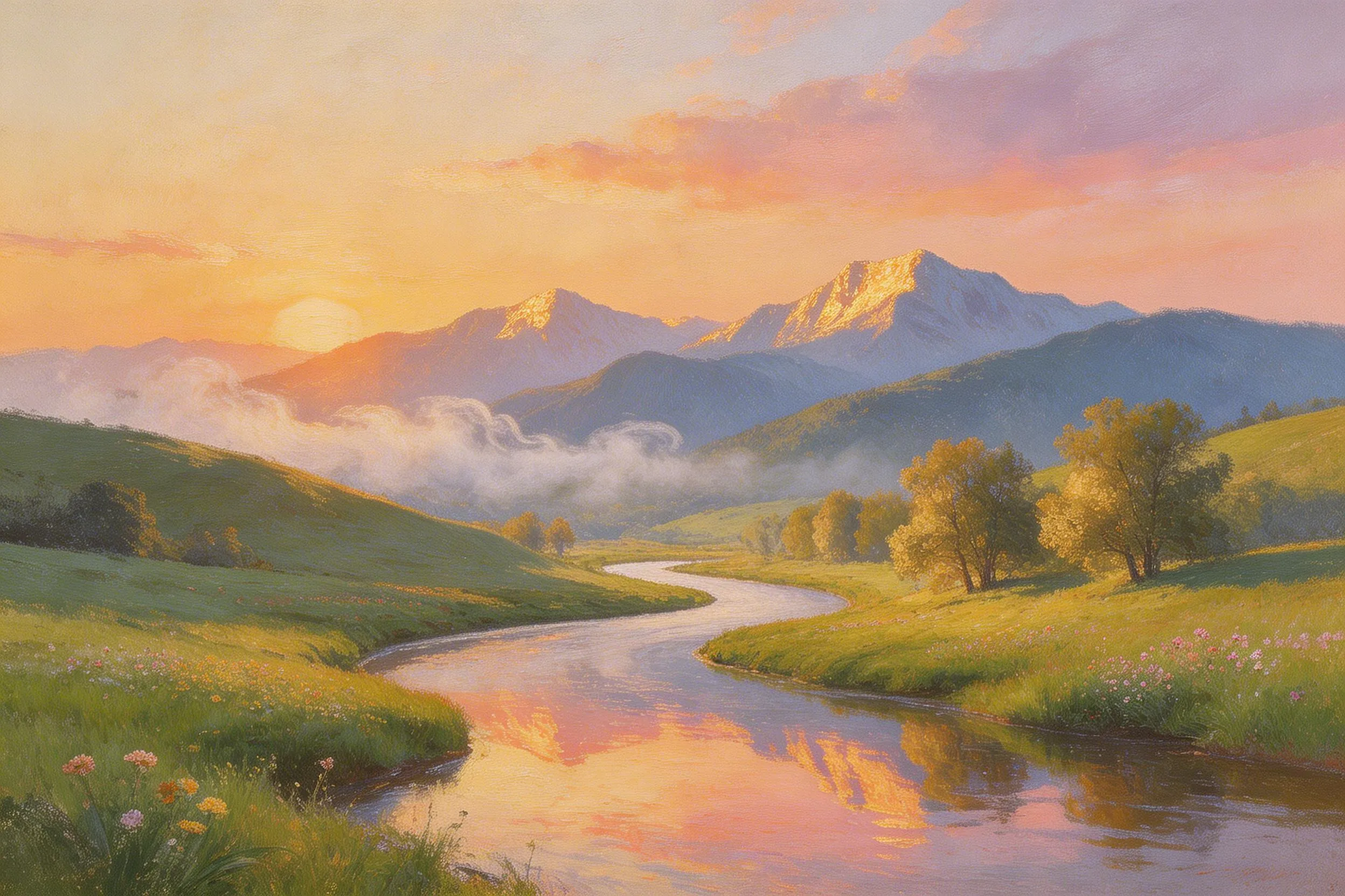 Sunset over a winding river with grassy hills, blooming flowers, trees, and snow-capped mountains in the background.