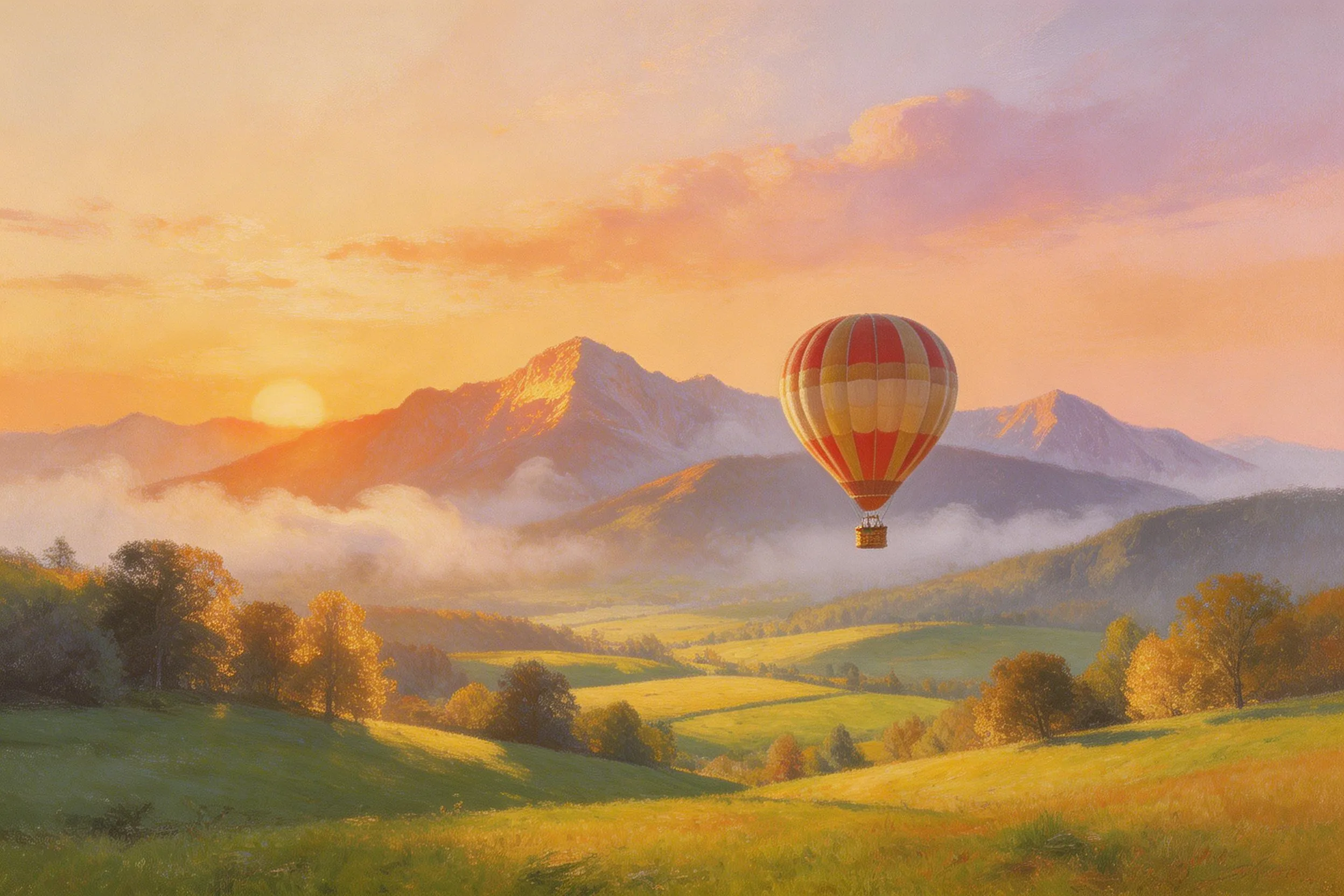 Hot air balloon floating over green fields with trees and mountains at sunrise under a colorful sky.