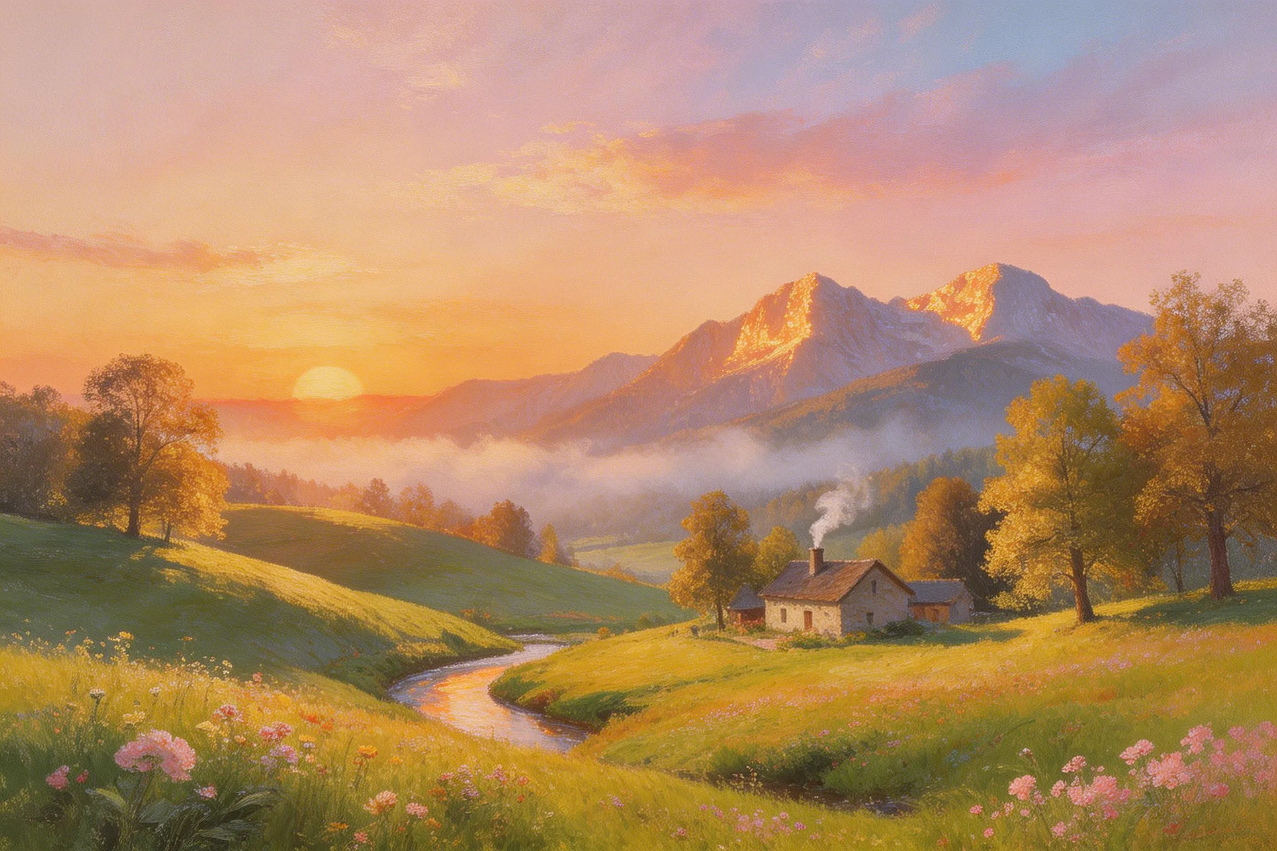 Sunset over a mountain valley with a winding river, wildflowers, autumn trees, and a cottage with smoke from the chimney.