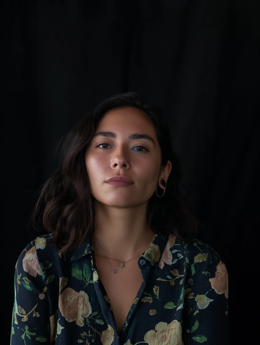 Young woman with medium-length dark hair wearing a floral shirt and hoop earrings against a black background.