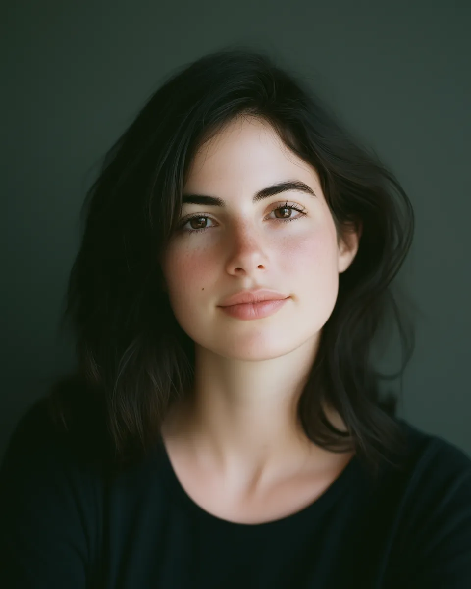 Young woman with dark hair and brown eyes wearing a black top against a dark green background.