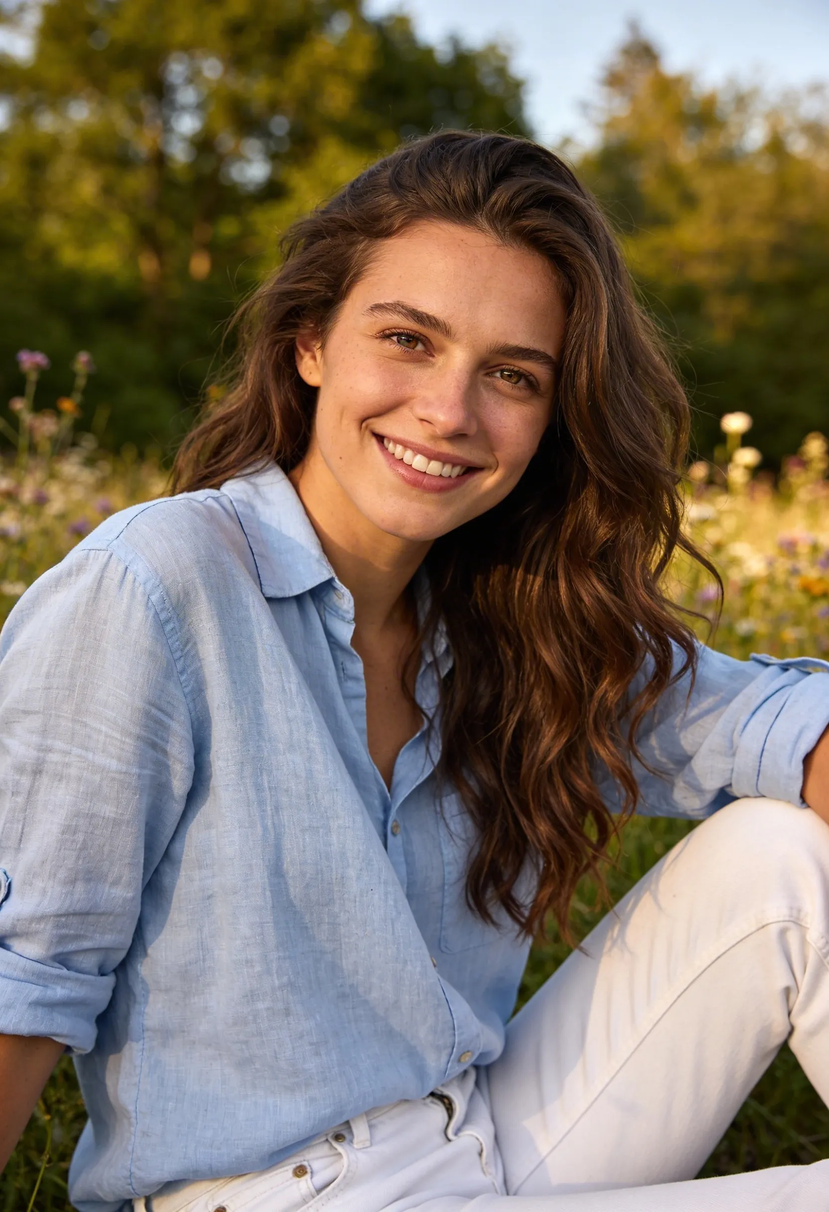 Young woman with long brown hair wearing a light blue shirt and white pants sitting outdoors in a flower field.