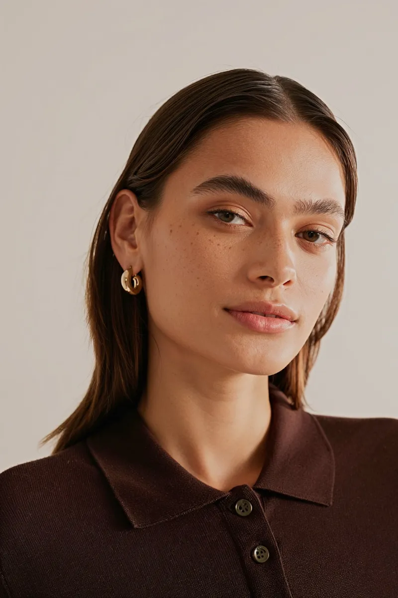 Young woman with straight brown hair wearing gold hoop earrings and a dark brown collared shirt against a neutral background.