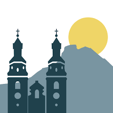 Brixner-Dom Logo. Silhouetten von zwei Kirchtürmen vor Bergen mit einer Sonne im Hintergrund.