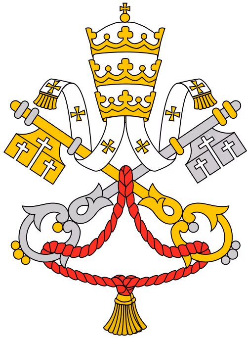 Wappen des Heiligen Stuhls mit dreifacher päpstlicher Tiara, gekreuzten goldenen und silbernen Schlüsseln und rotem Kordelband.