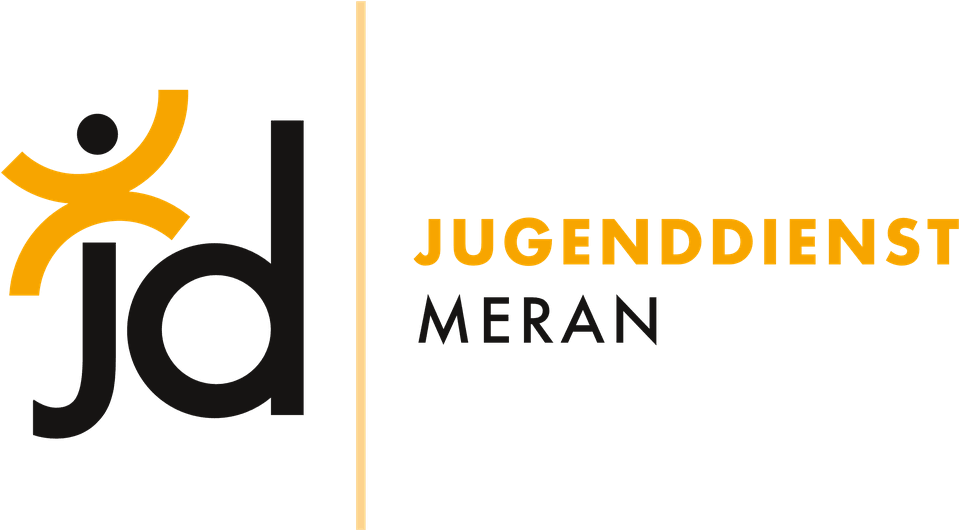 Logo von Jugenddienst Meran mit stilisiertem gelbem Menschensymbol und Text in Schwarz und Gelb.