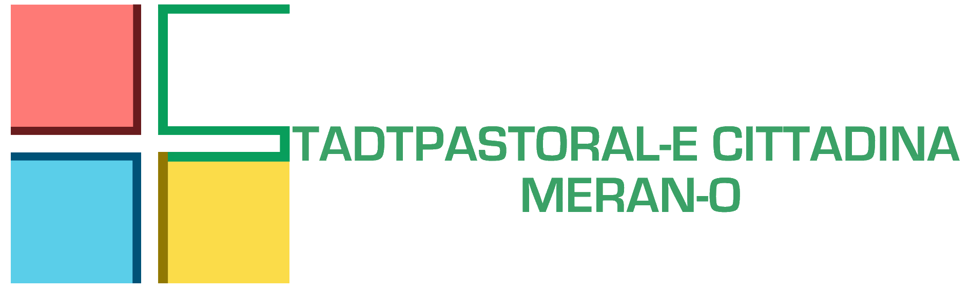 Logo der Stadtpastoral Cittadina Meran-O mit vier farbigen Quadraten und grünem Text.