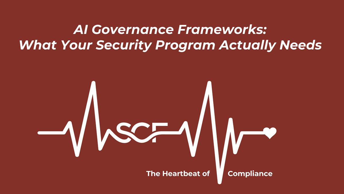 AI governance framework overview showing NIST AI RMF, ISO 42001, and SCF control alignment
