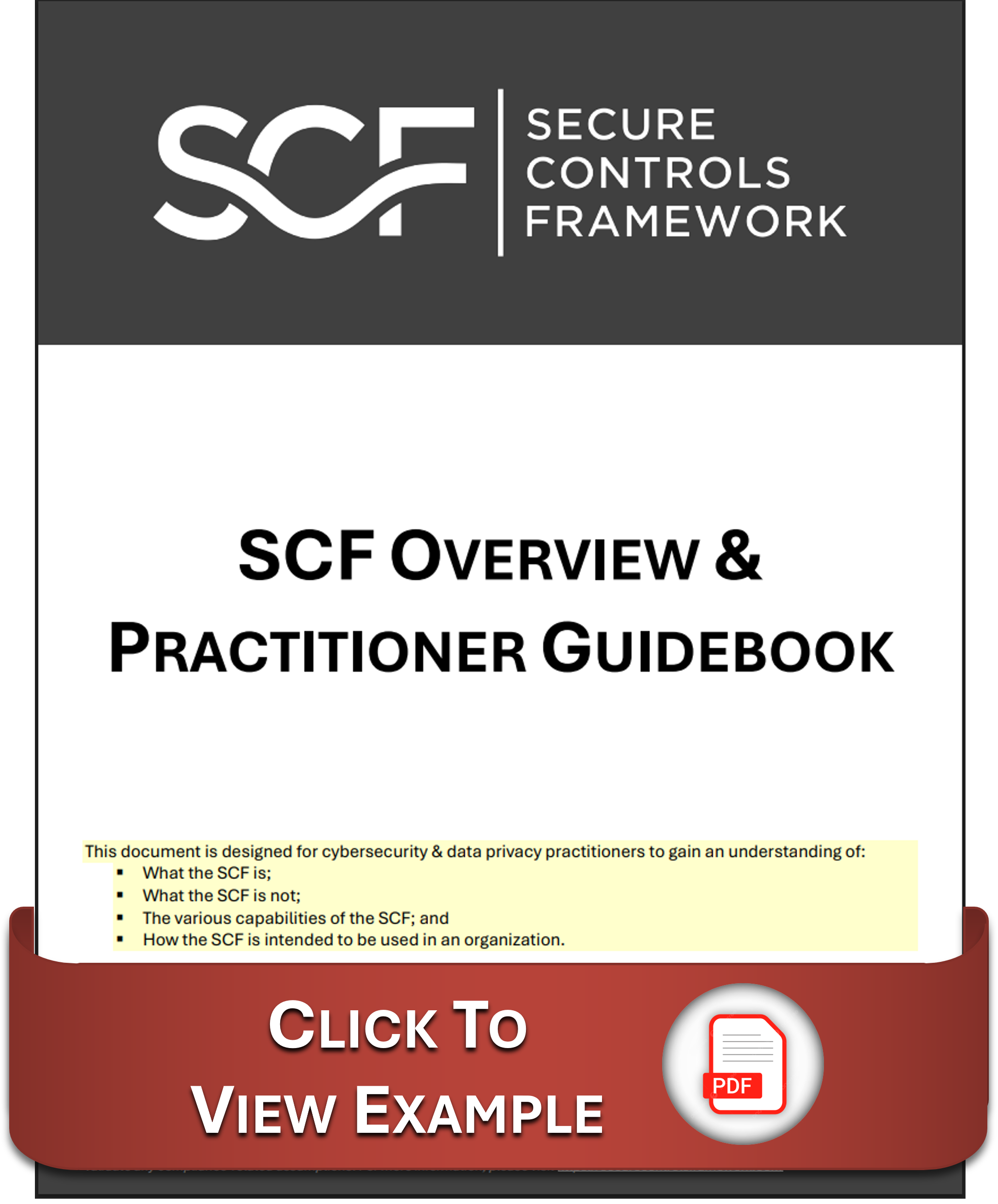 Cover of SCF Overview & Practitioner Guidebook with Secure Controls Framework logo and purpose description for cybersecurity and data privacy practitioners.