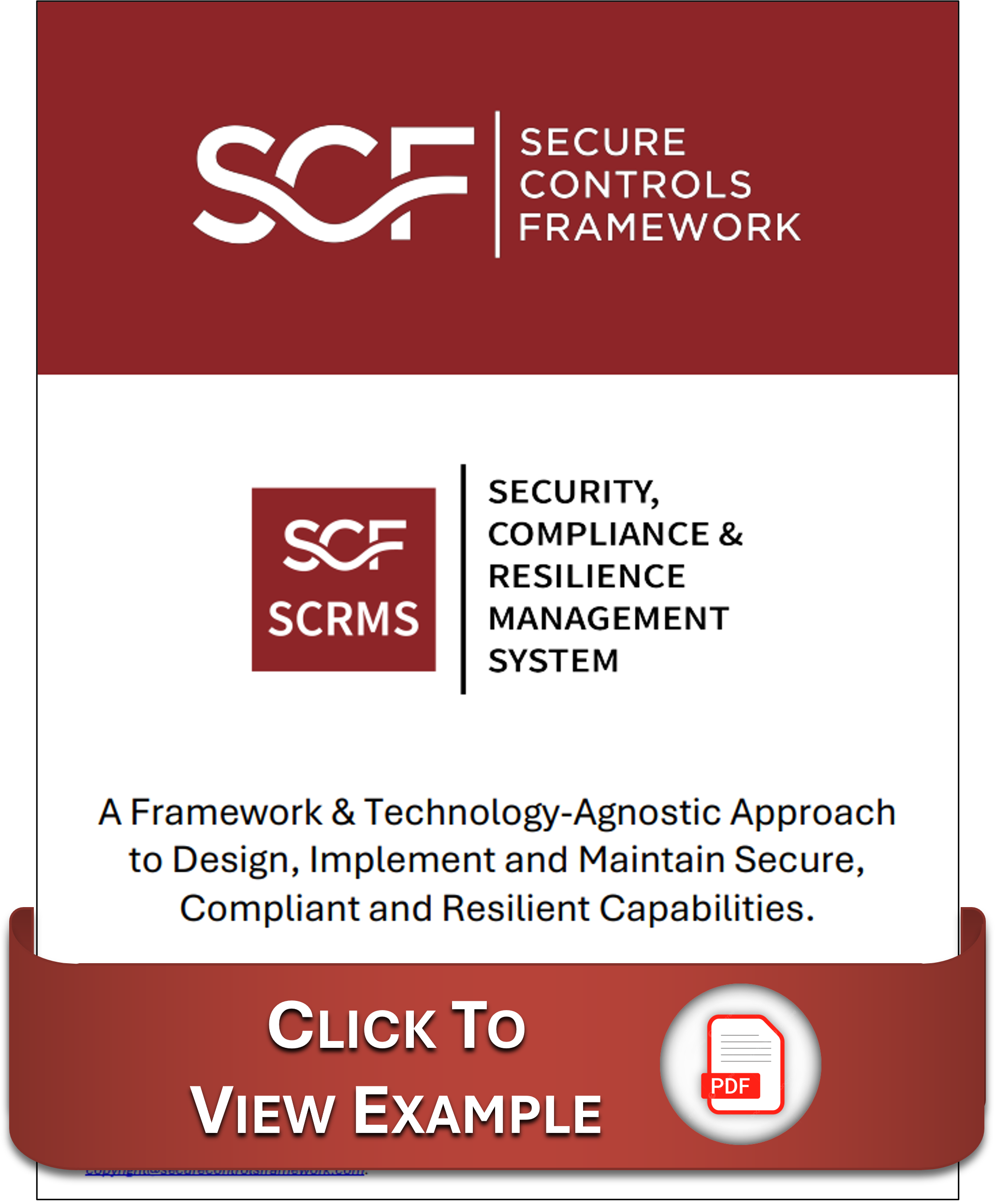 SCRMS product card showing the Security Compliance and Resilience Management System by SCF with click to view example PDF link