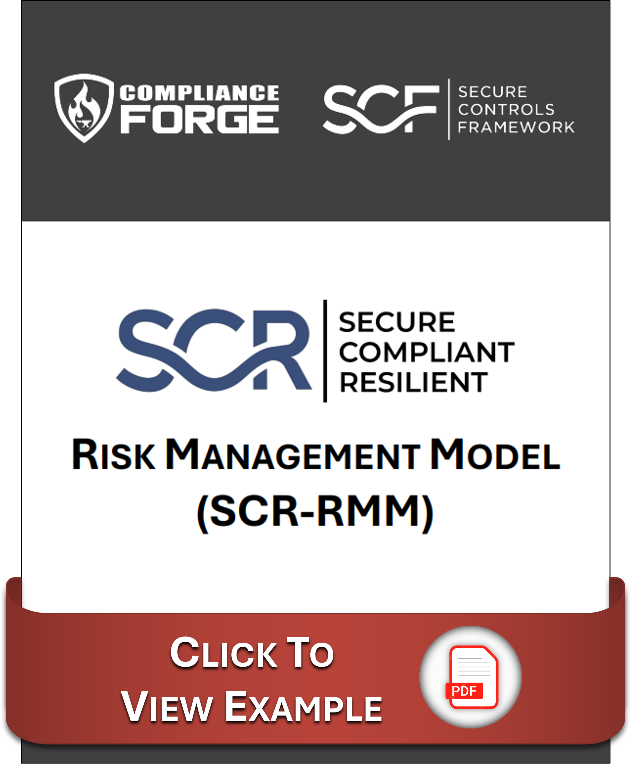 SCR Risk Management Model (SCR-RMM) product card showing ComplianceForge and SCF logos with Security Compliant Resilient branding and link to view example PDF