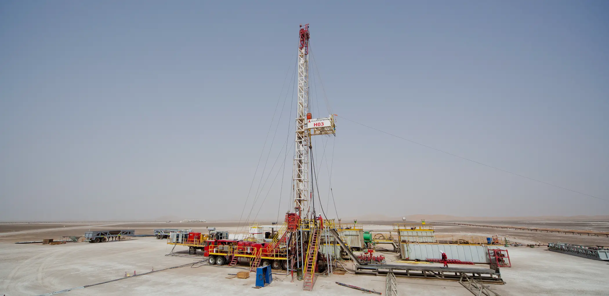 A wide aerial view of a mobile workover rig set up in a flat desert landscape, showing the tall derrick and surrounding support equipment.