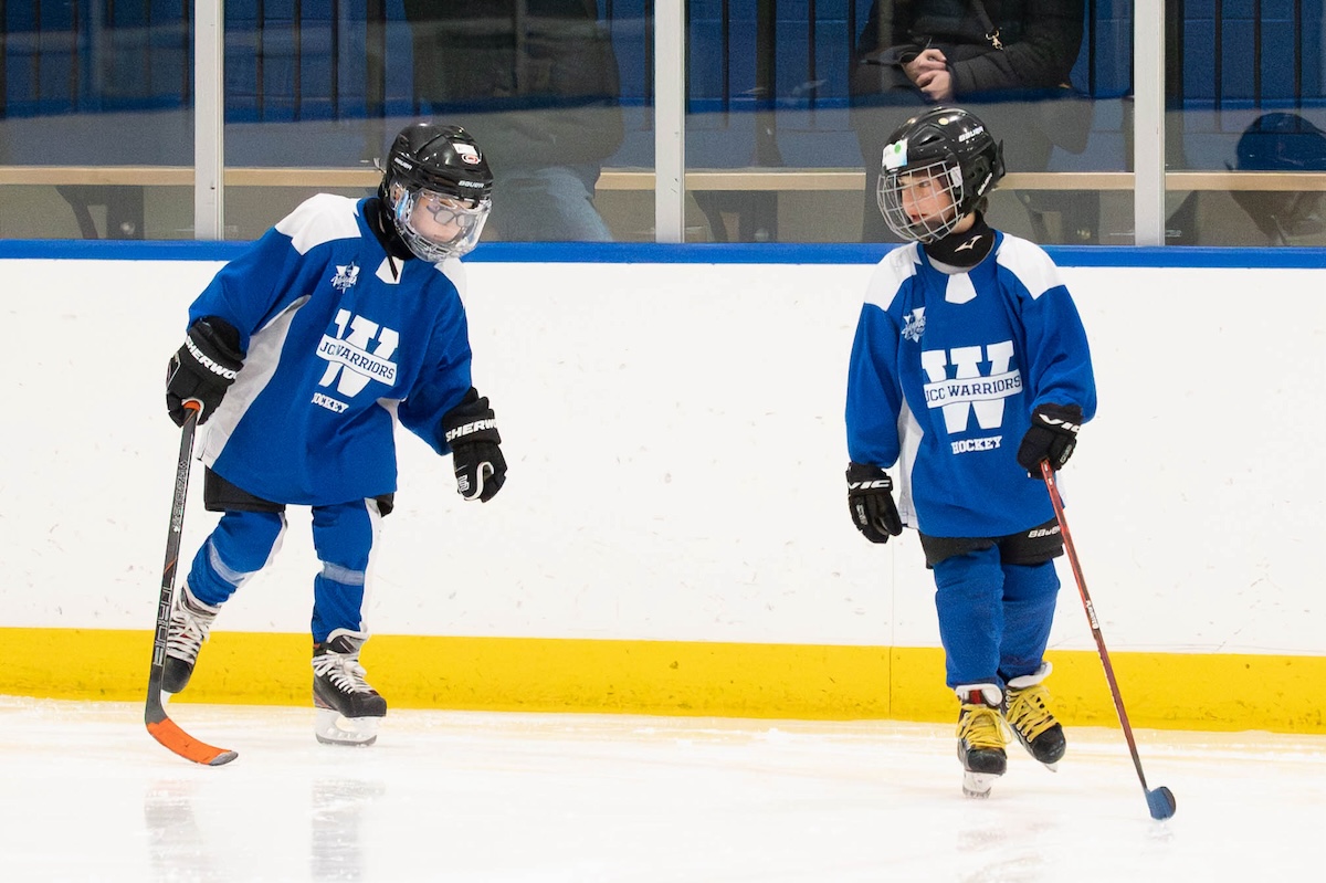 Two young ice hockey players in blue and white jerseys skating on the rink, each holding a hockey stick.