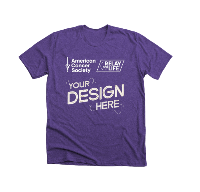 A purple shirt with the Relay For Life design template. An area on the shirt has a placeholder "Your design here" written on it.