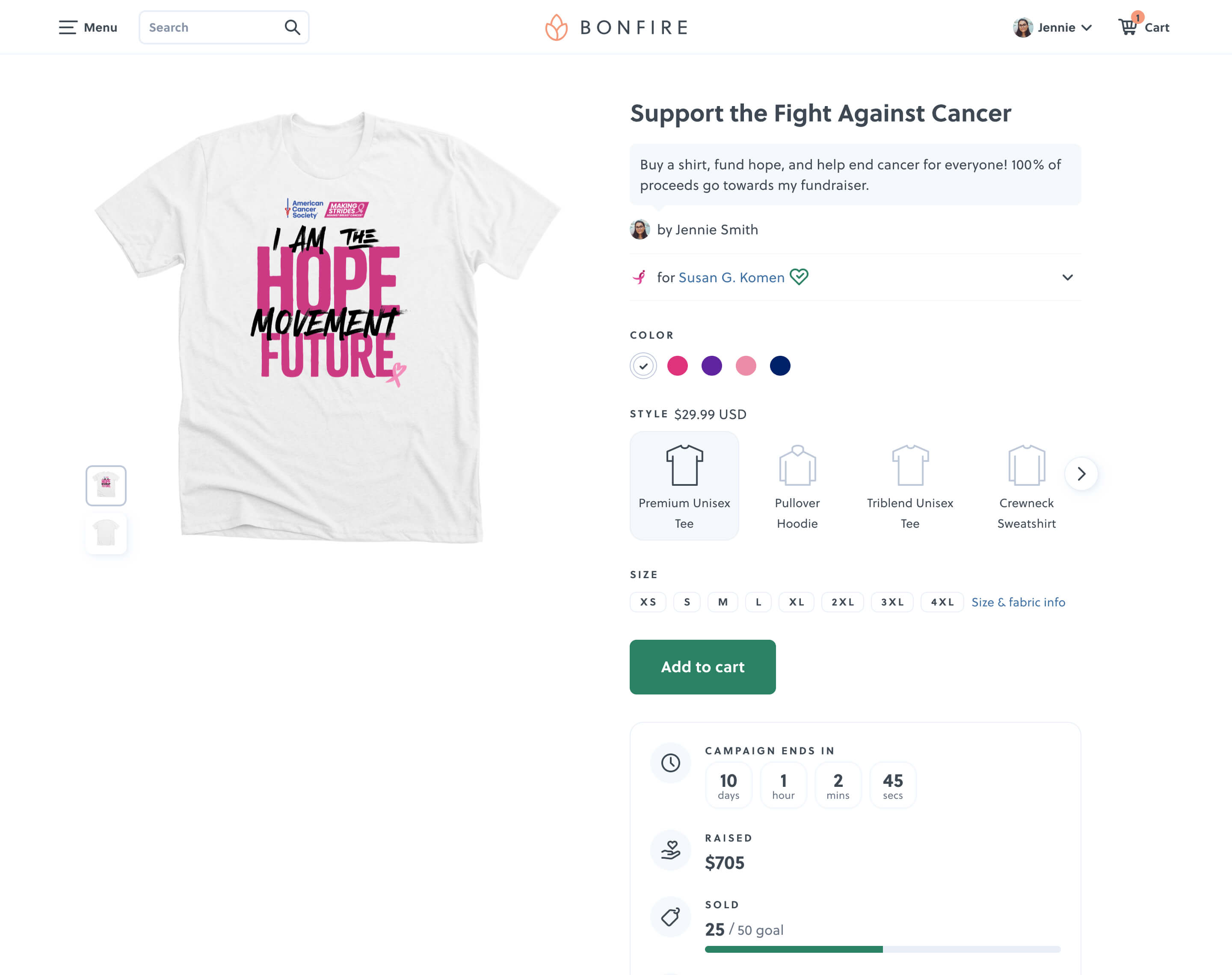 A mockup of the Bonfire product page UI. It shows the featured image, title, description, and typical product selection options such as color, size and style. It also shows a countdown timer, as well as a fundraising goal progress bar.
