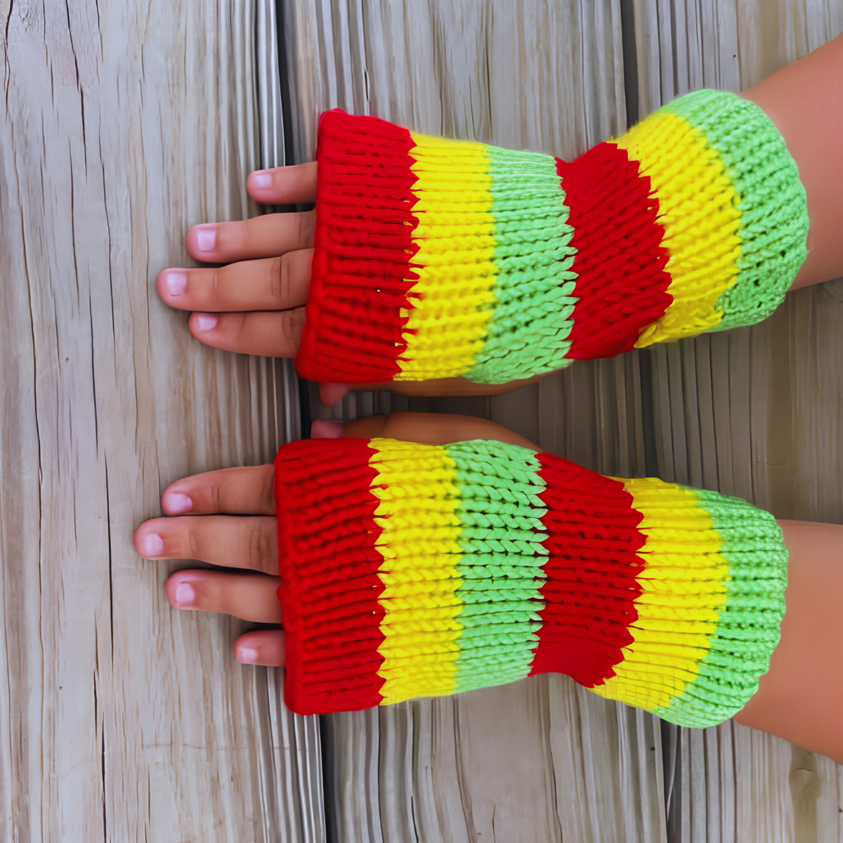 Mains avec gants colorés