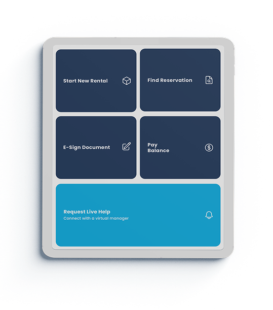 Tablet screen with options: Start New Rental, Find Reservation, E-Sign Document, Pay Balance, and Request Live Help with a virtual manager.