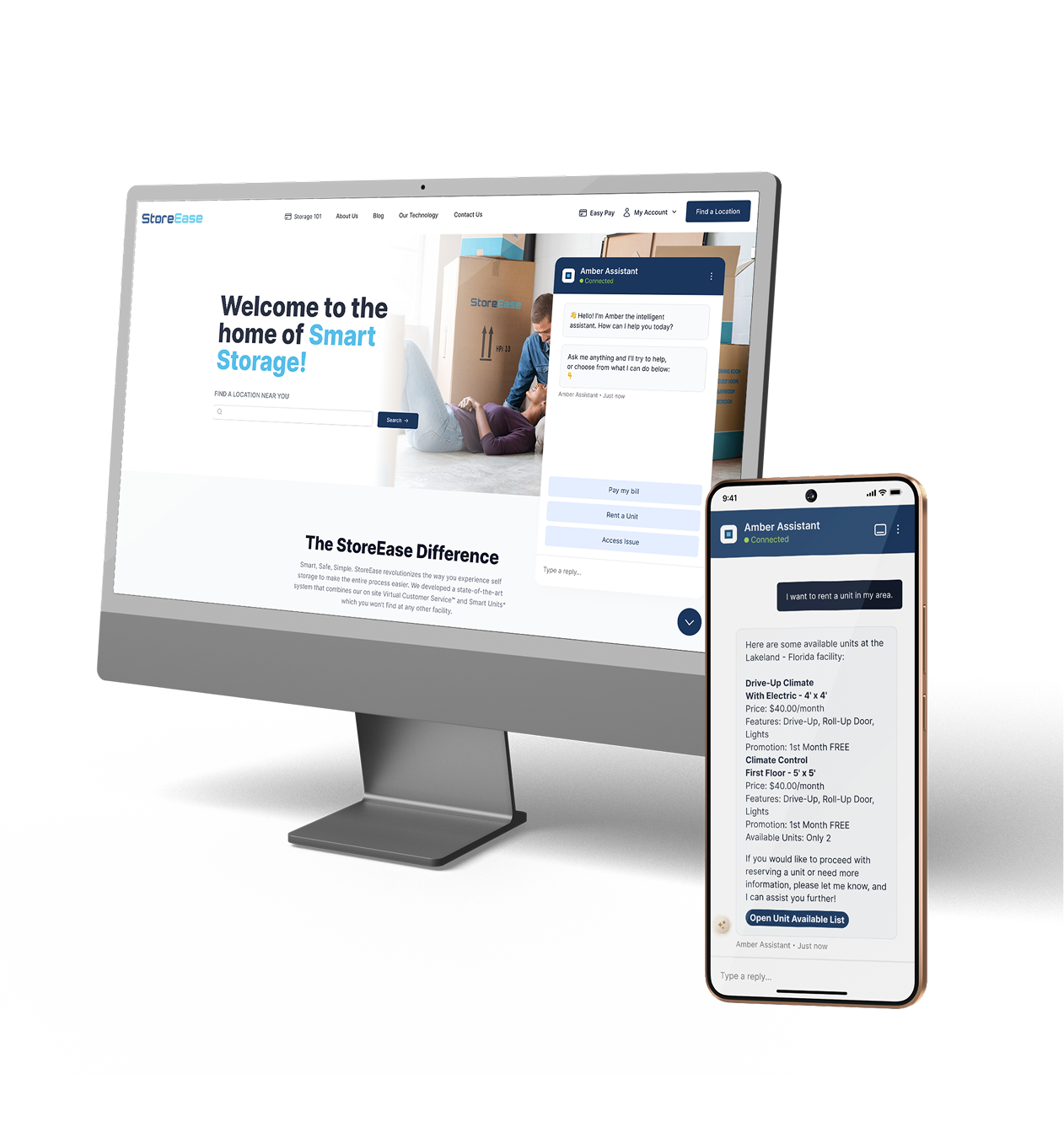 Computer and smartphone screens showing StoreEase website with an intelligent assistant chat offering help with smart storage services.