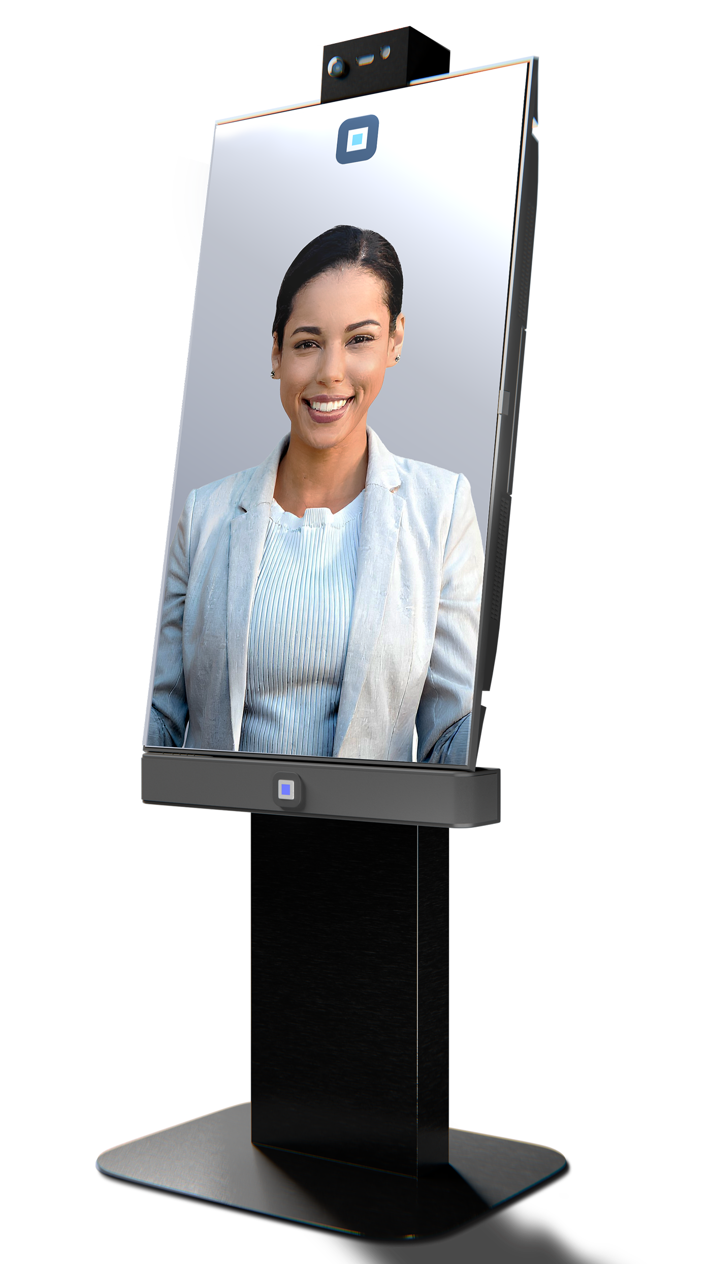 Smiling woman in a light gray blazer and white top on a vertical digital kiosk screen.
