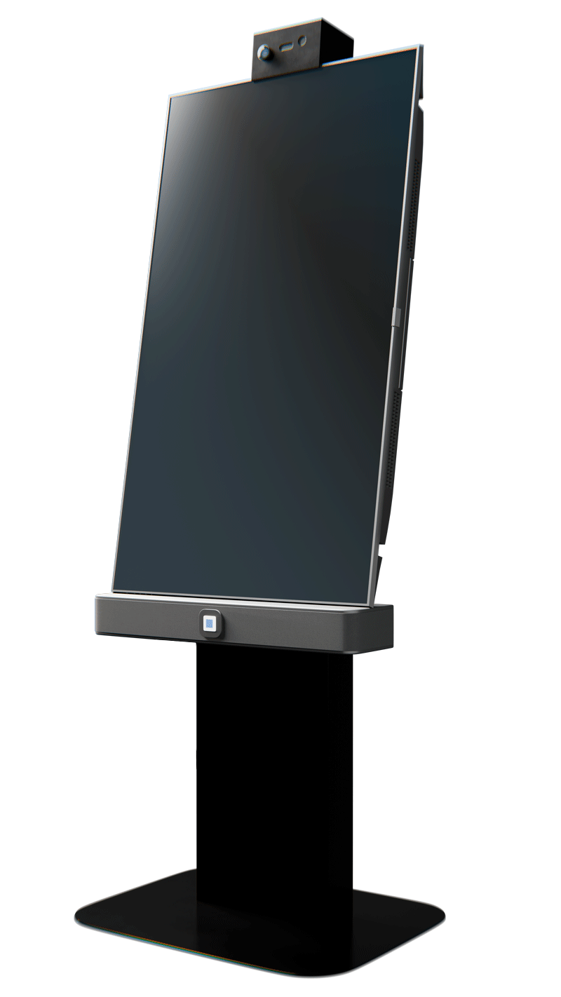 Tall black digital kiosk with a large vertical touchscreen and camera on top.