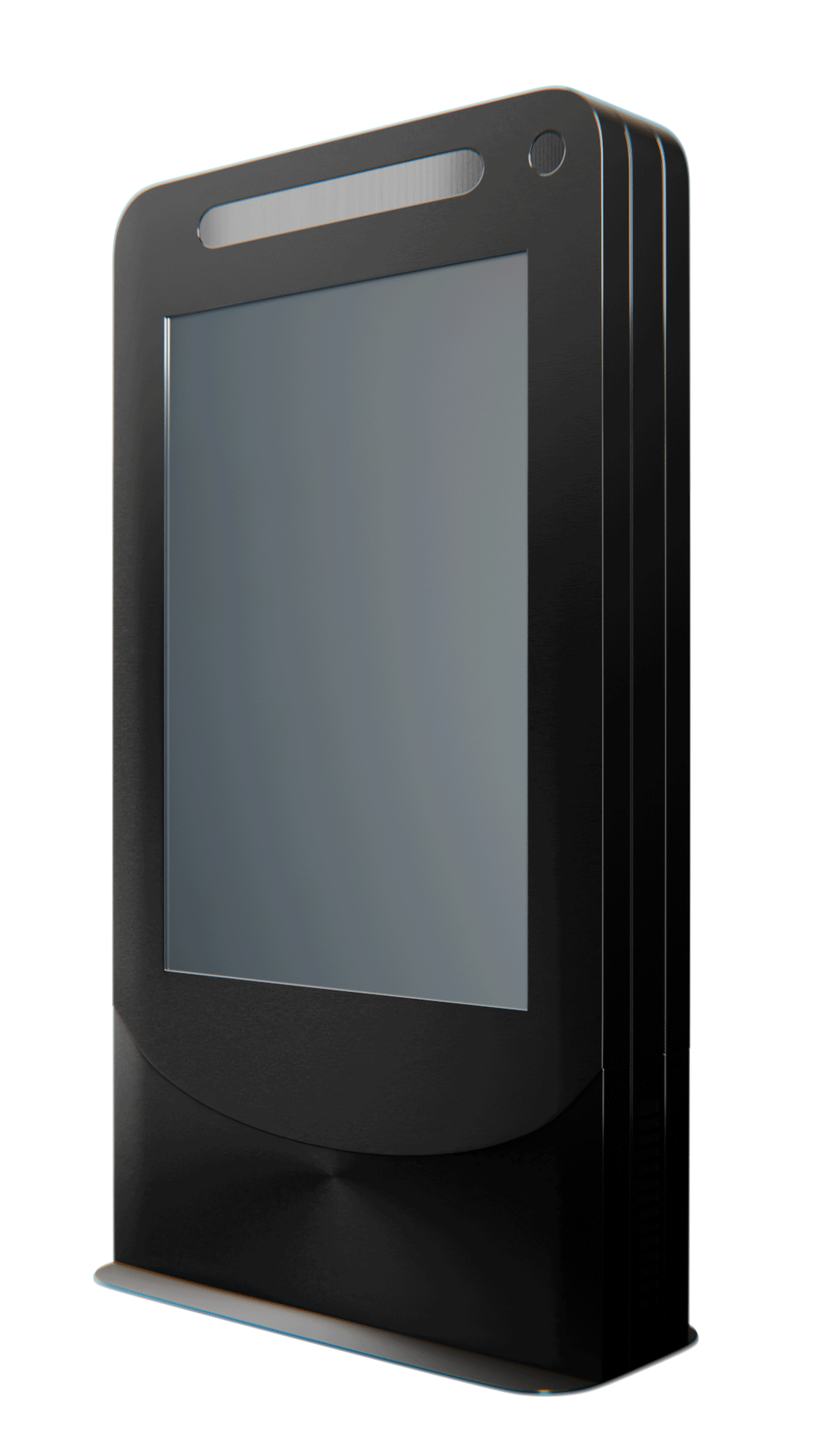 Tall black digital kiosk with a large blank vertical touchscreen display.