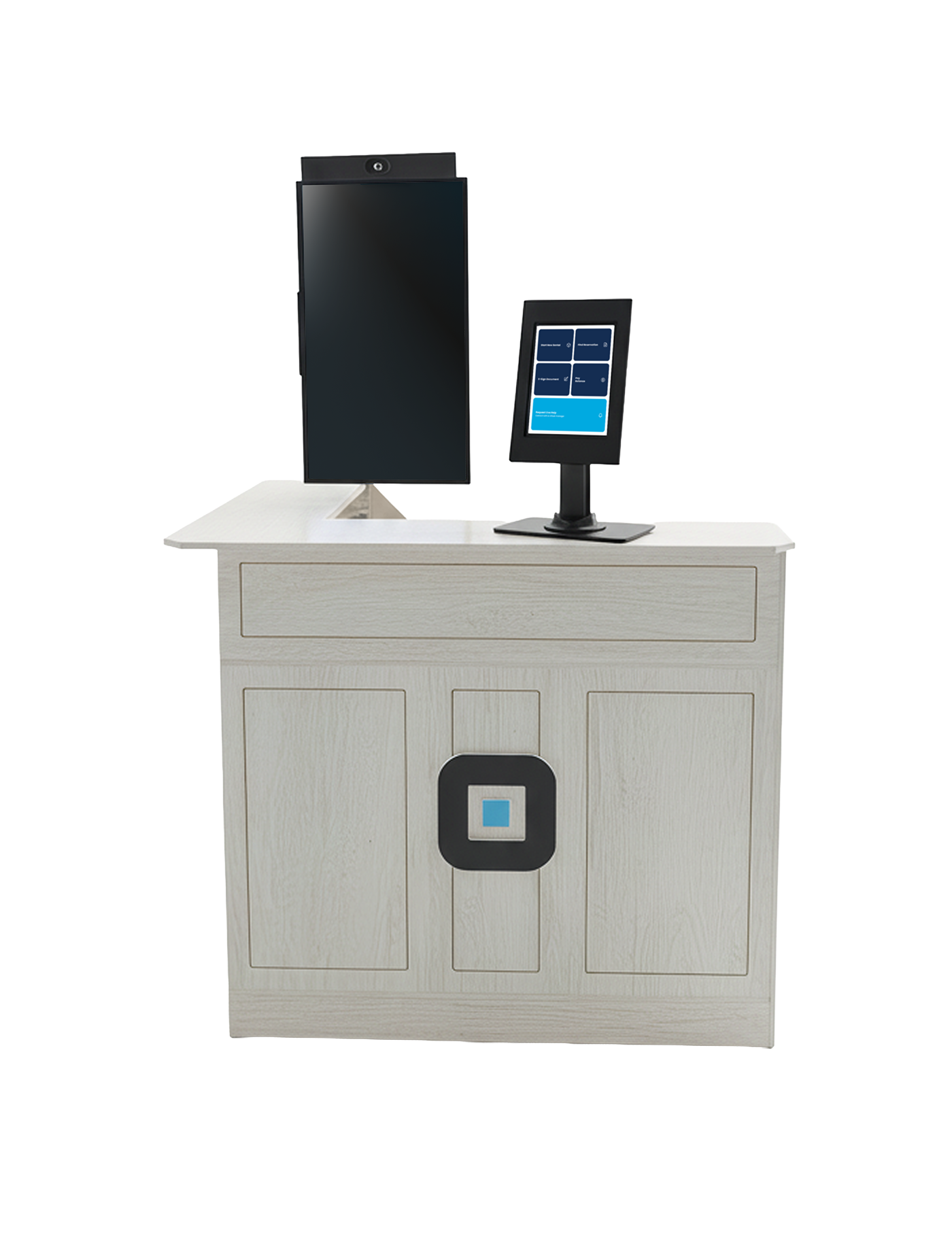 Light wood reception counter with two black monitors, one large vertical screen with camera and one smaller horizontal touch screen display.