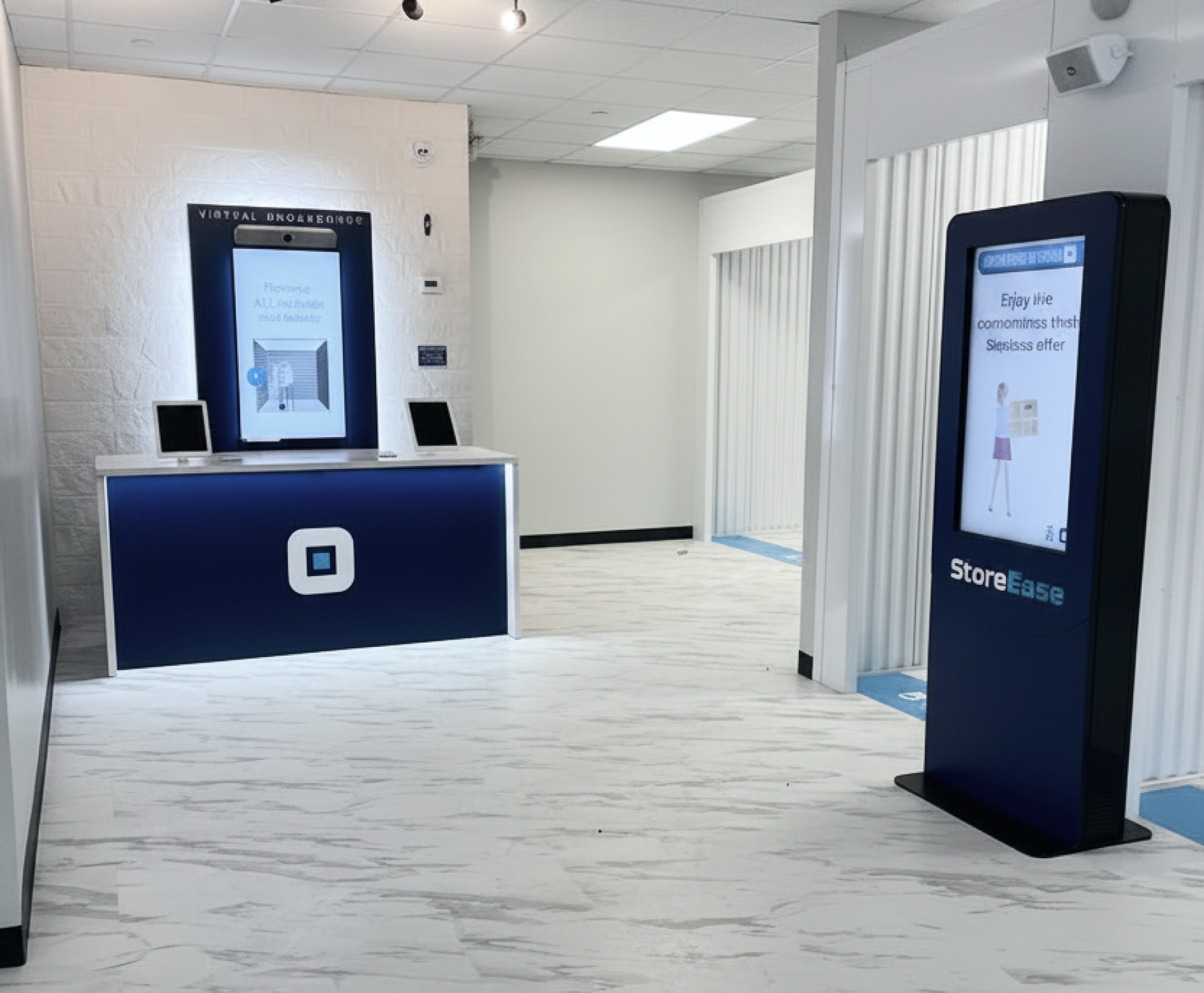 Modern self-storage facility interior with a blue kiosk desk equipped with digital displays and a freestanding StoreEase information touchscreen.