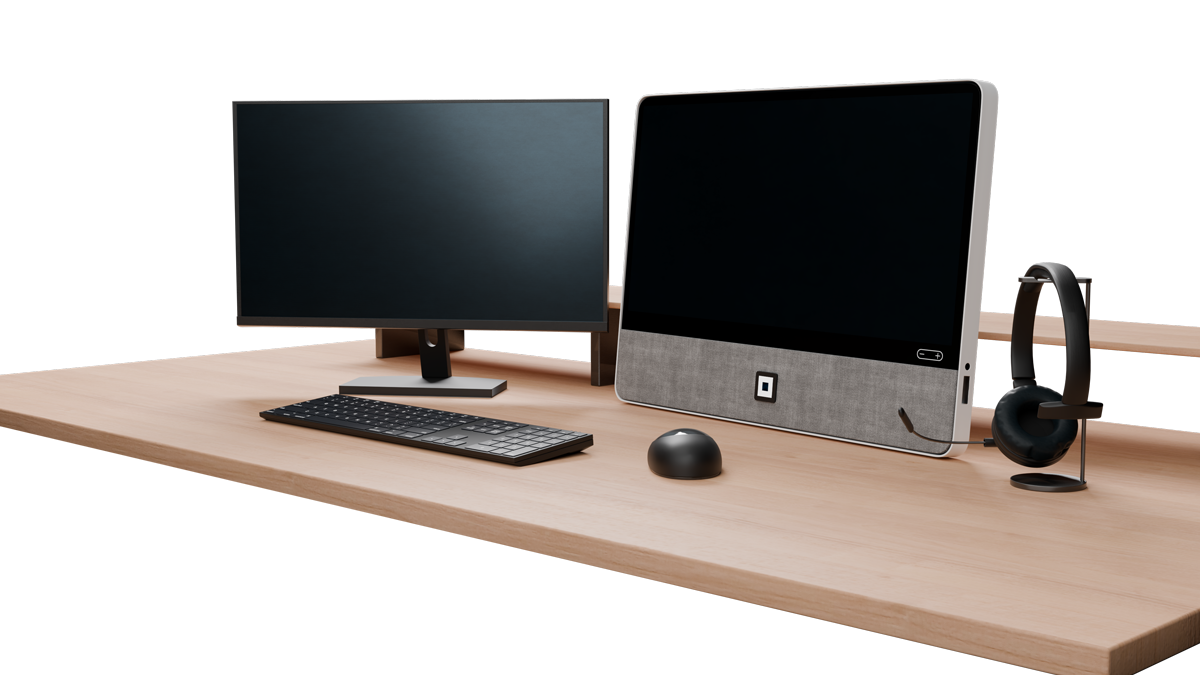Modern wooden desk setup with two monitors, a wireless keyboard, a mouse, and a headset on a stand.