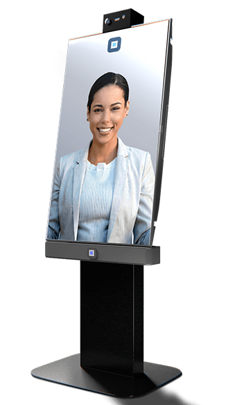 Digital kiosk with a large vertical screen displaying a smiling woman in a light blazer.