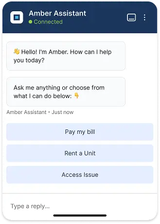 Chat interface of Amber Assistant showing a greeting message and options to pay bill, rent a unit, or report access issue.