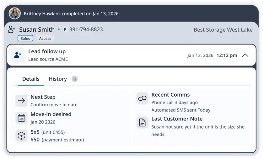 Customer card showing lead follow-up details for Susan Smith including next step to confirm move-in date, desired move-in date Jan 20, 2026, unit size 5x5 with $50 estimated payment, recent communications, and last customer note.