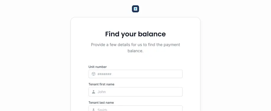 Online form titled 'Find your balance' asking for unit number, tenant first name, and tenant last name to find payment balance.